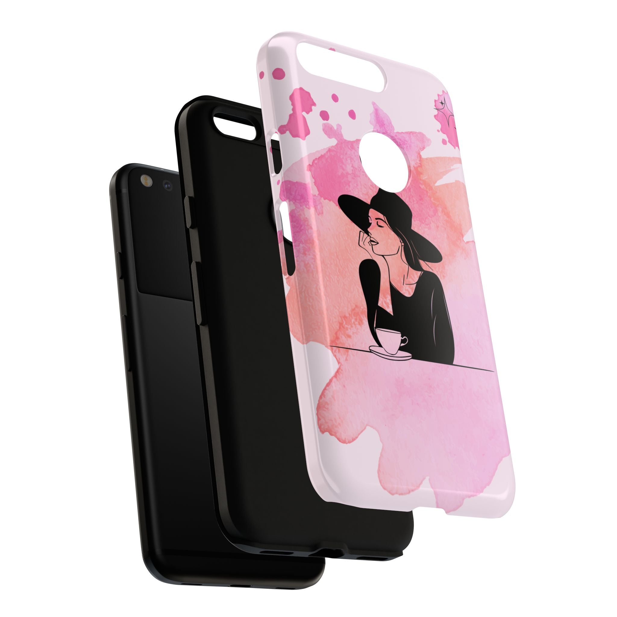 Coque de téléphone — Illustration de femme en aquarelle rose, housse de protection pour amateur de café