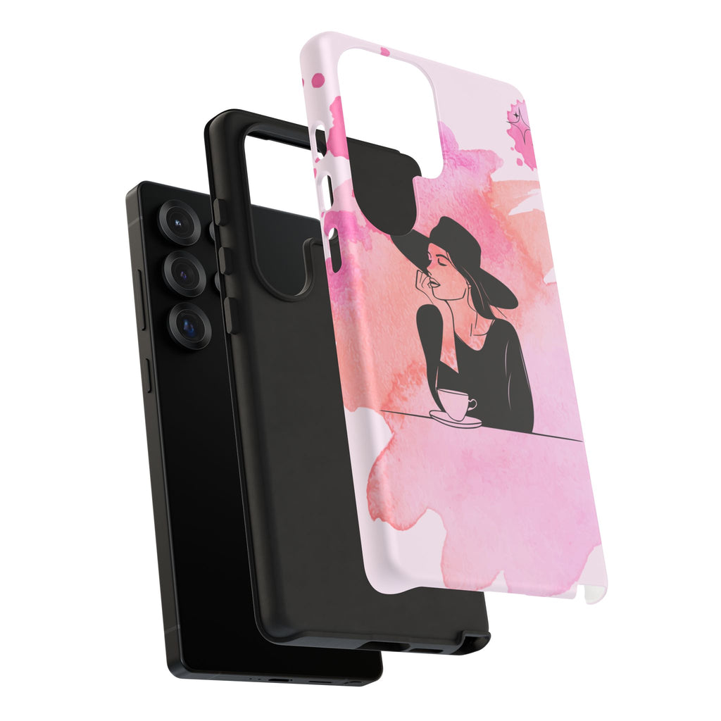 Coque de téléphone — Illustration de femme en aquarelle rose, housse de protection pour amateur de café