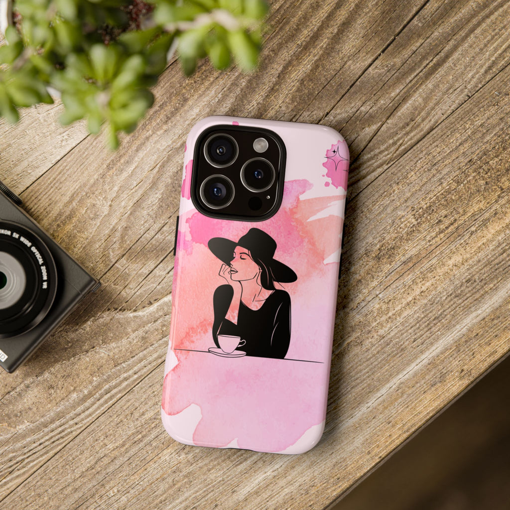 Coque de téléphone — Illustration de femme en aquarelle rose, housse de protection pour amateur de café
