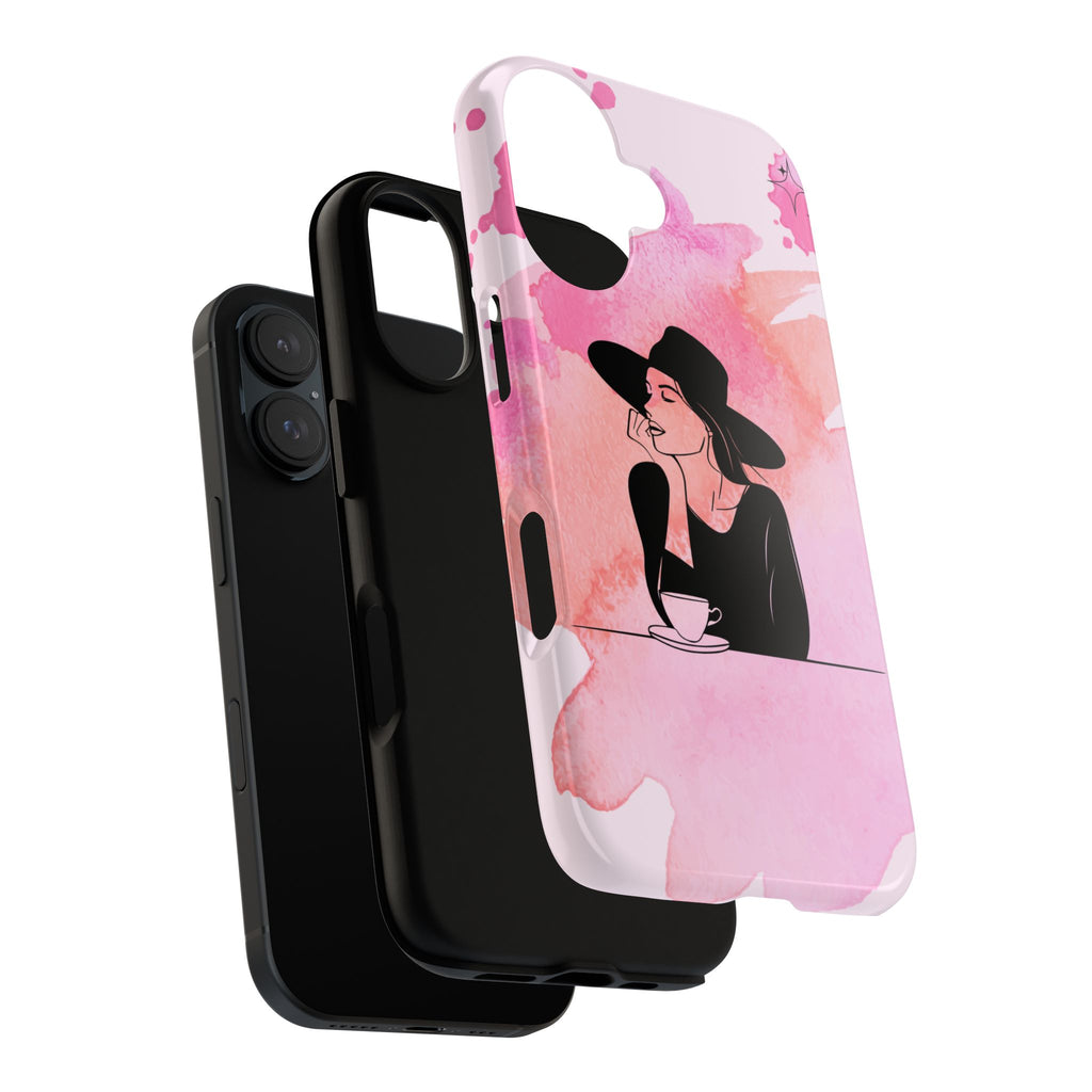 Coque de téléphone — Illustration de femme en aquarelle rose, housse de protection pour amateur de café