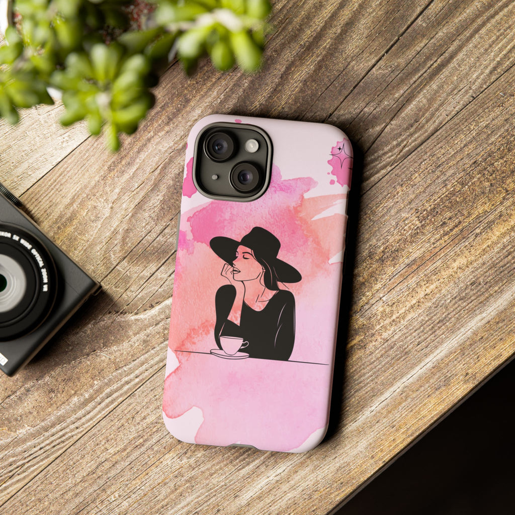 Coque de téléphone — Illustration de femme en aquarelle rose, housse de protection pour amateur de café