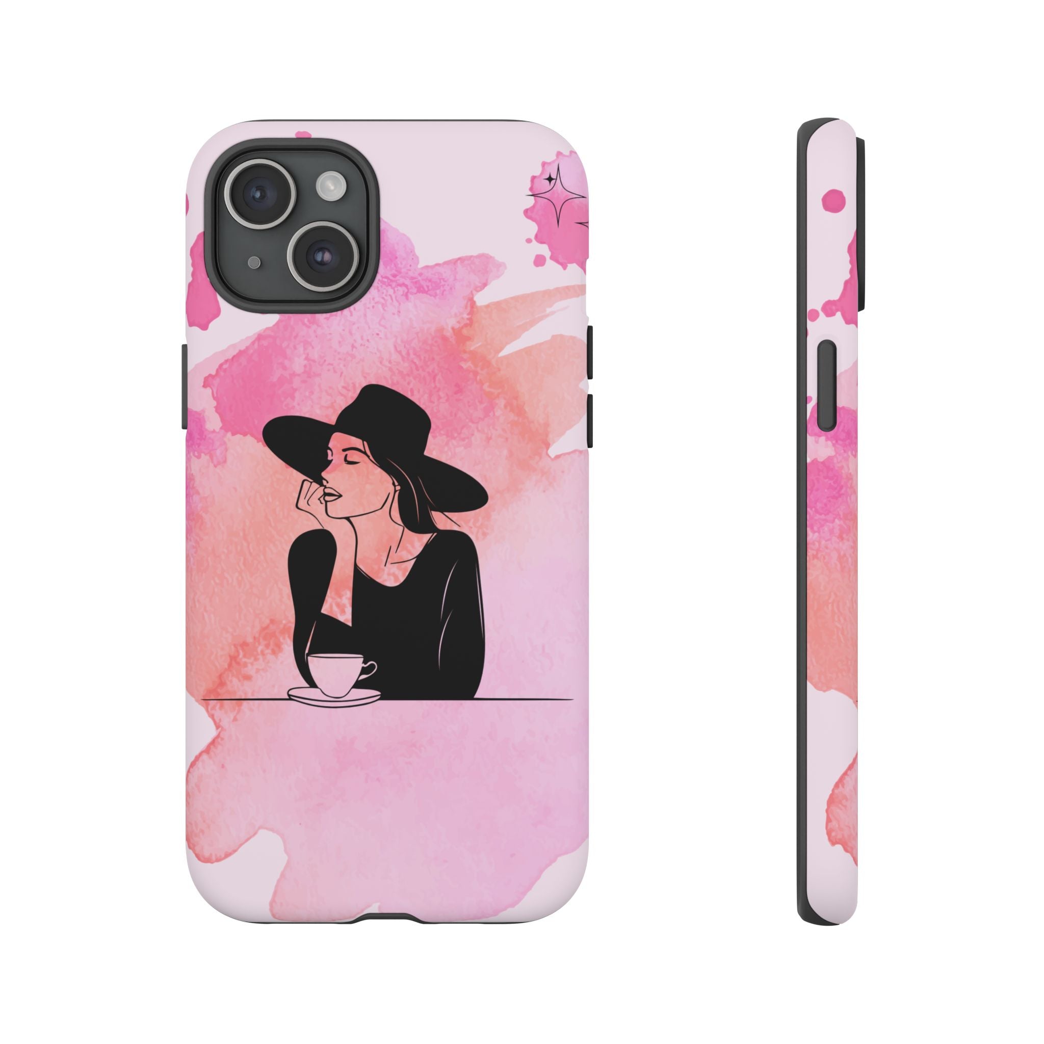 Coque de téléphone — Illustration de femme en aquarelle rose, housse de protection pour amateur de café