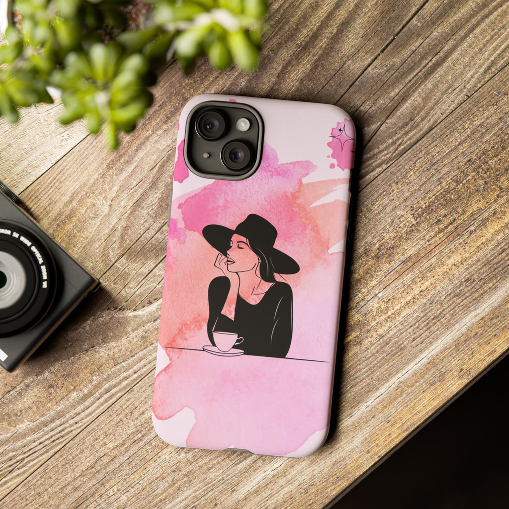 Coque de téléphone — Illustration de femme en aquarelle rose, housse de protection pour amateur de café