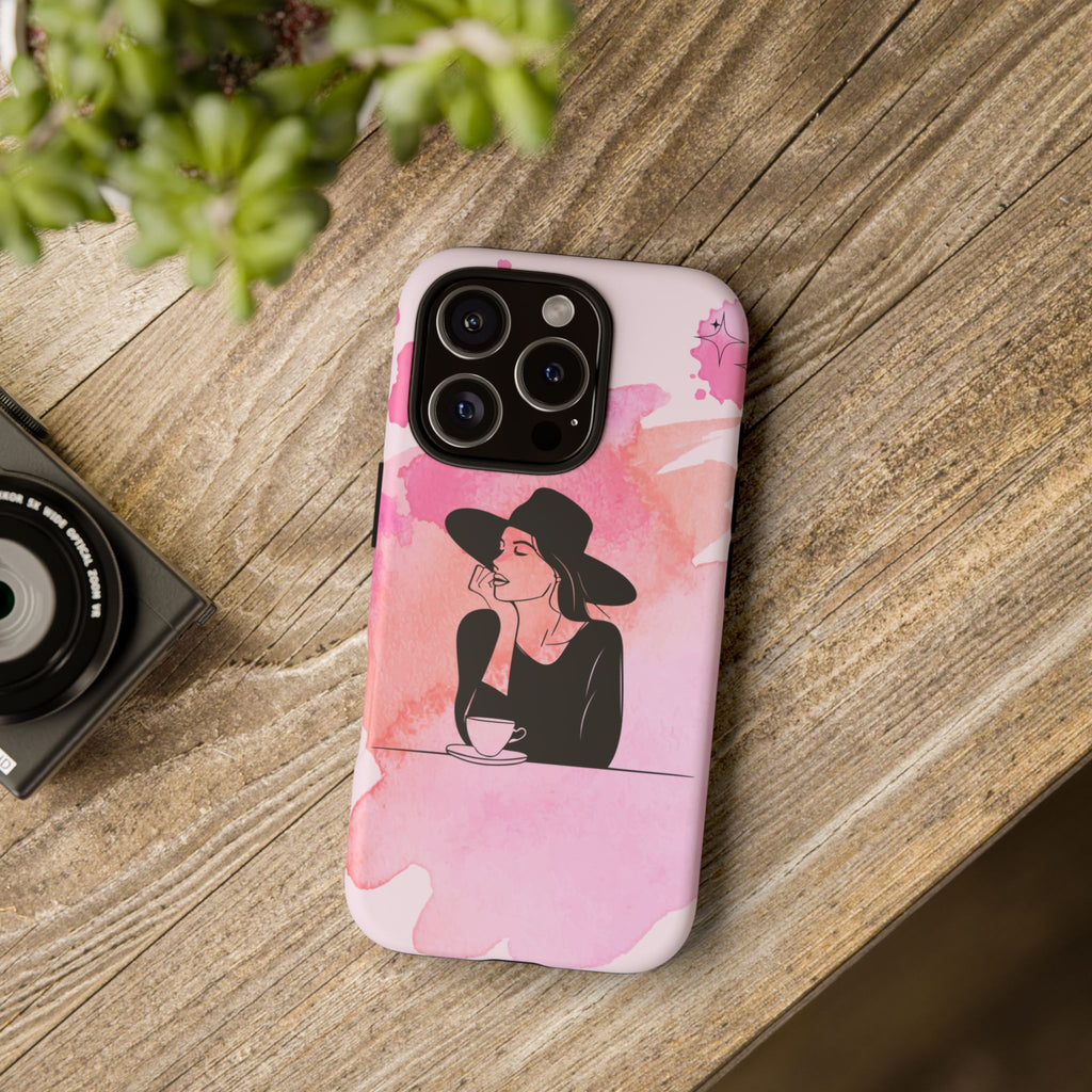 Coque de téléphone — Illustration de femme en aquarelle rose, housse de protection pour amateur de café