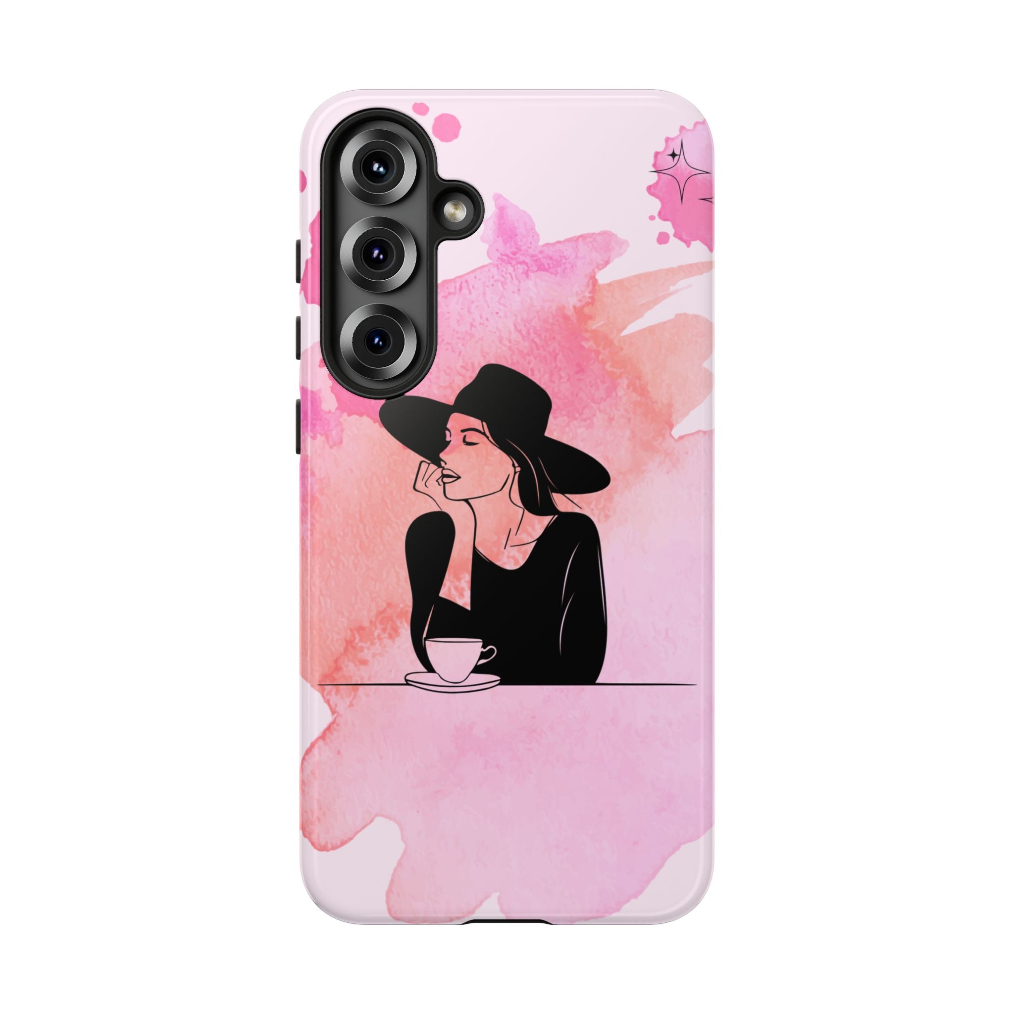 Coque de téléphone — Illustration de femme en aquarelle rose, housse de protection pour amateur de café