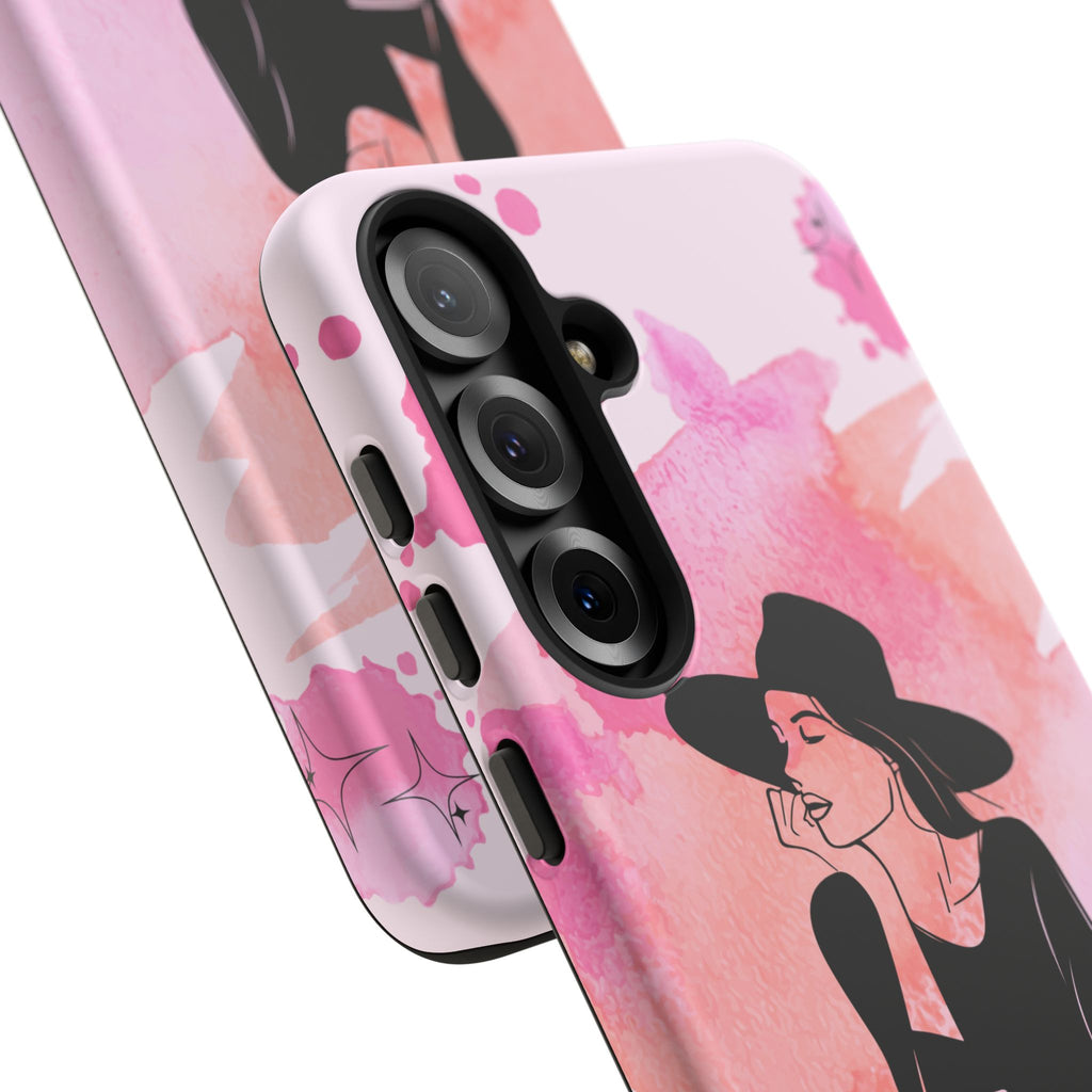 Coque de téléphone — Illustration de femme en aquarelle rose, housse de protection pour amateur de café