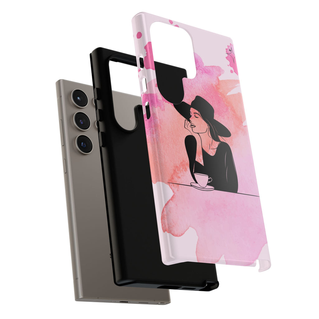 Coque de téléphone — Illustration de femme en aquarelle rose, housse de protection pour amateur de café