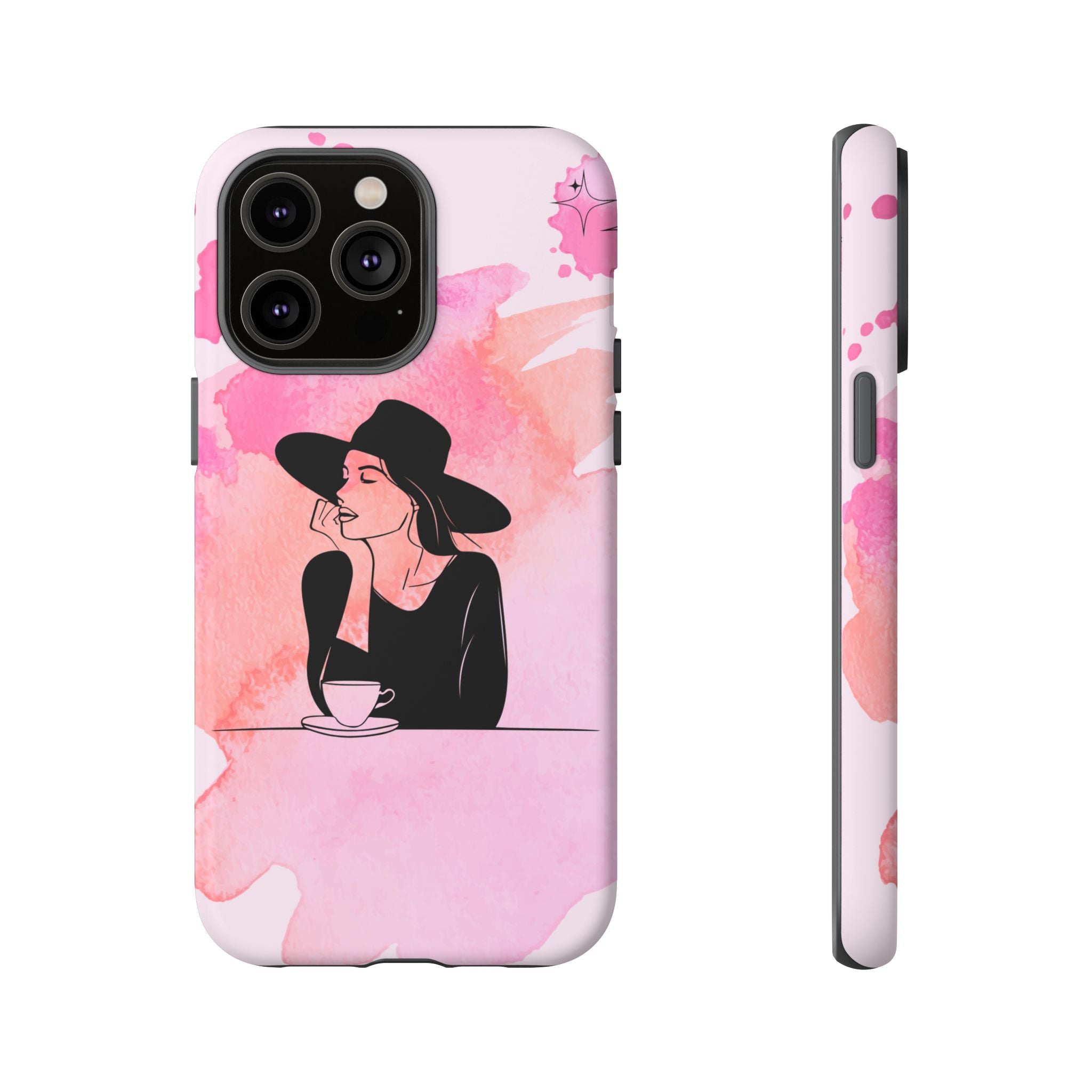 Coque de téléphone — Illustration de femme en aquarelle rose, housse de protection pour amateur de café