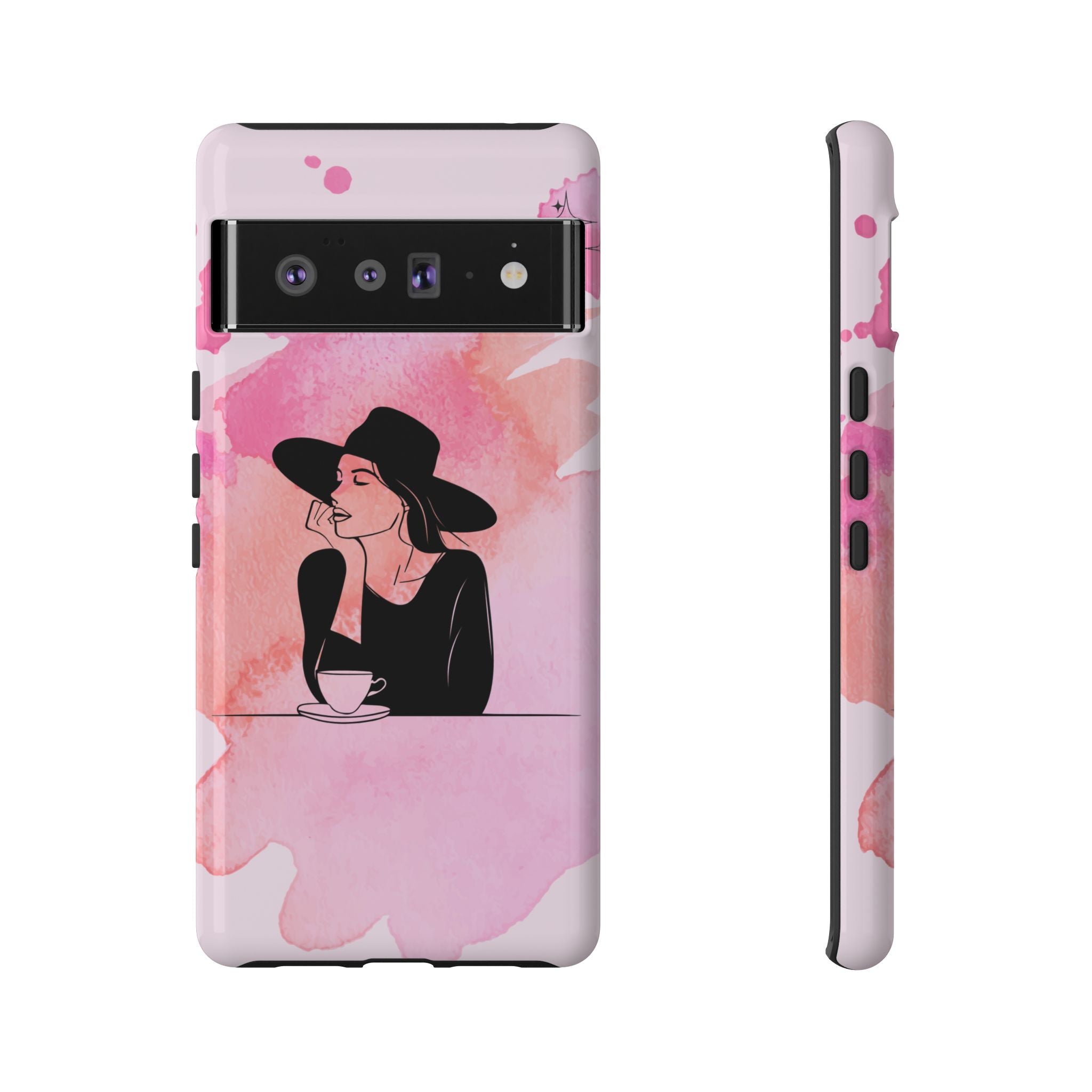 Coque de téléphone — Illustration de femme en aquarelle rose, housse de protection pour amateur de café