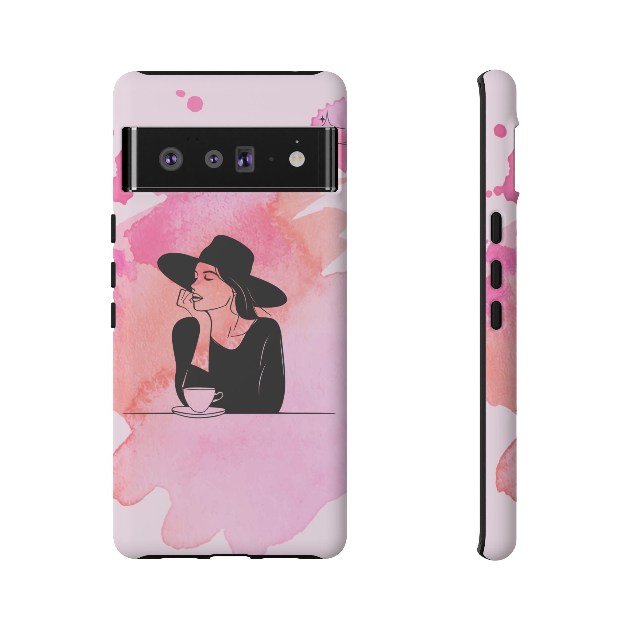 Coque de téléphone — Illustration de femme en aquarelle rose, housse de protection pour amateur de café