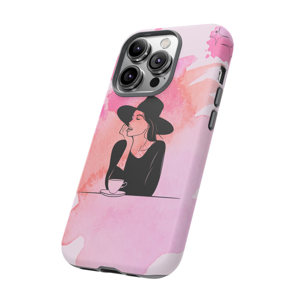 Coque de téléphone — Illustration de femme en aquarelle rose, housse de protection pour amateur de café