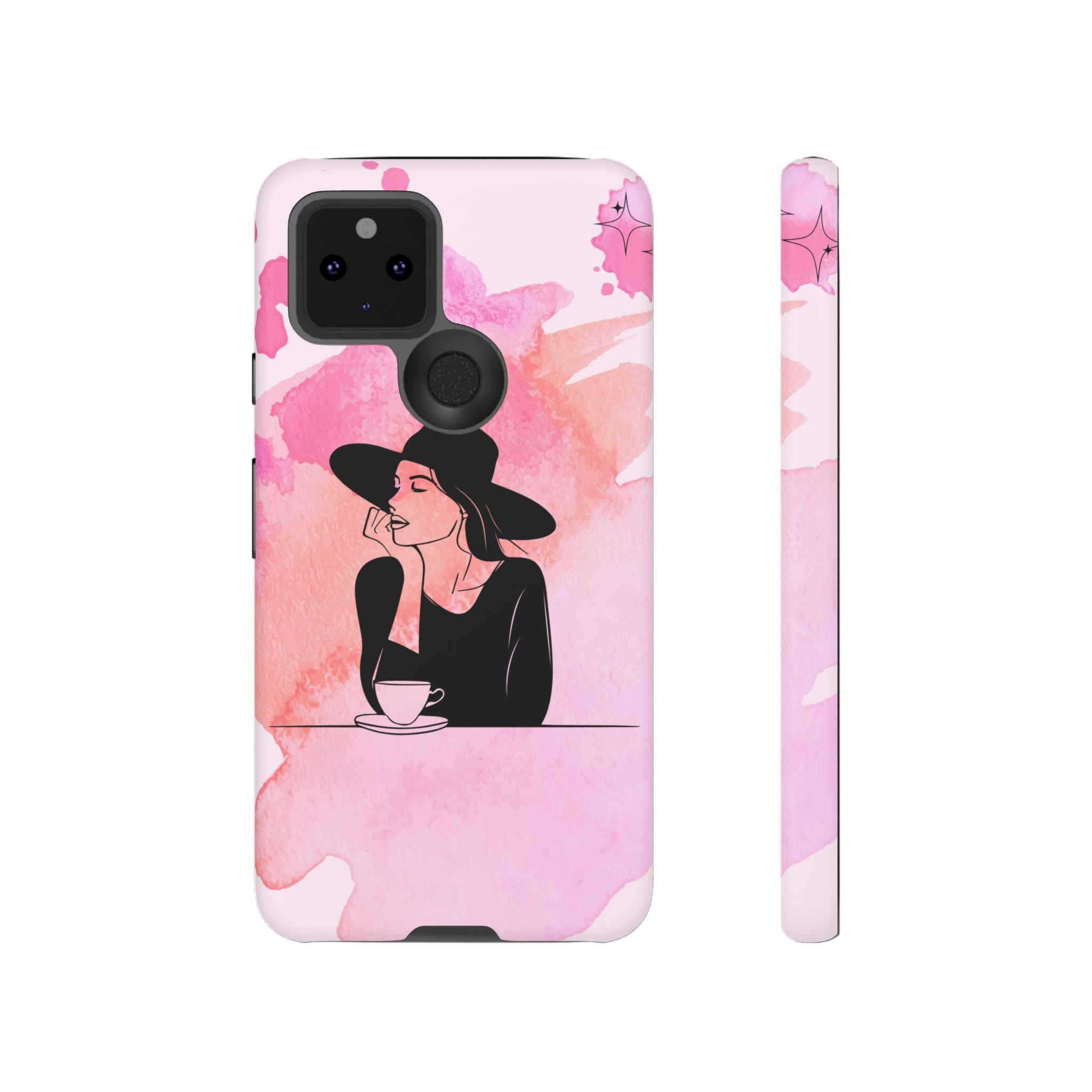 Coque de téléphone — Illustration de femme en aquarelle rose, housse de protection pour amateur de café