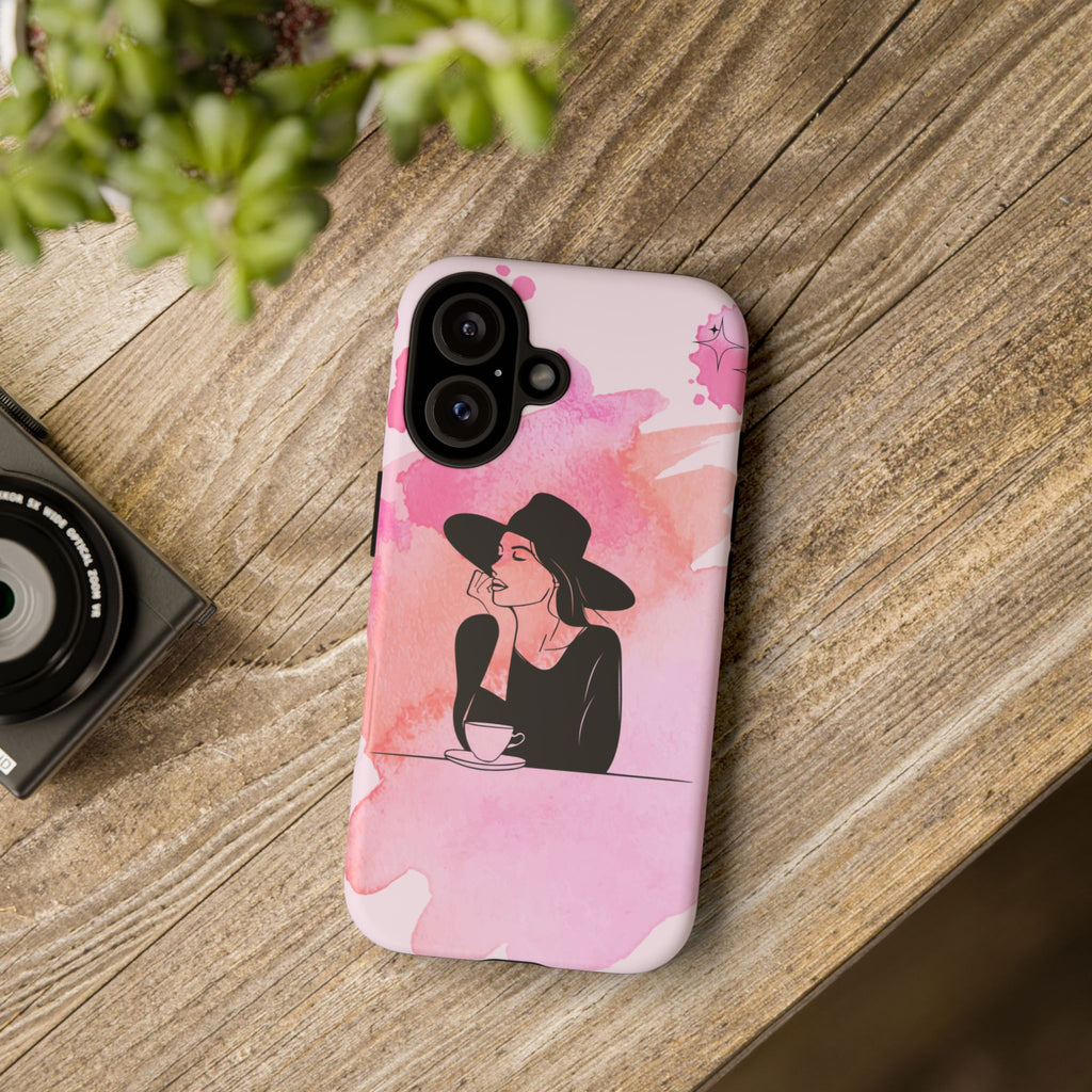 Coque de téléphone — Illustration de femme en aquarelle rose, housse de protection pour amateur de café