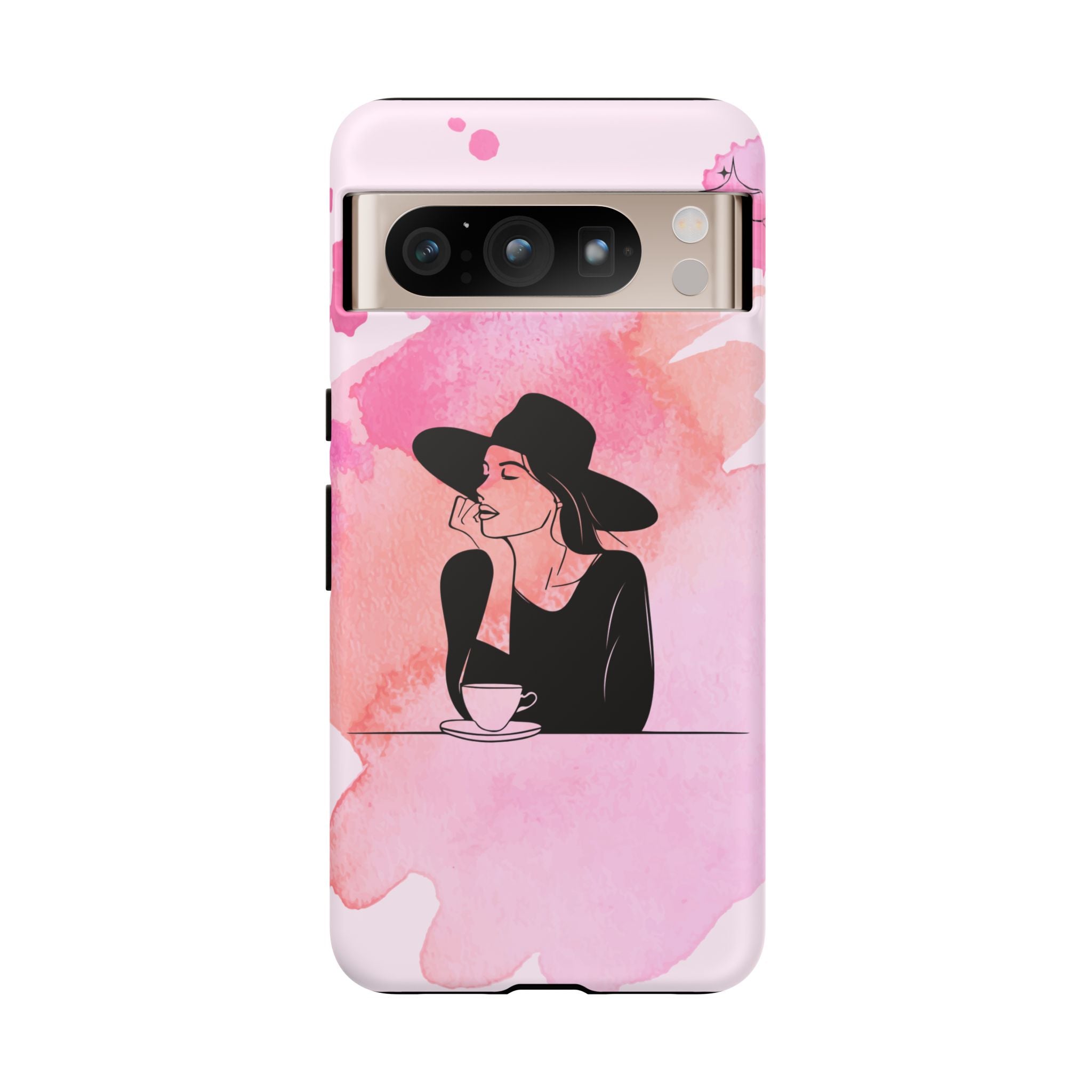 Coque de téléphone — Illustration de femme en aquarelle rose, housse de protection pour amateur de café