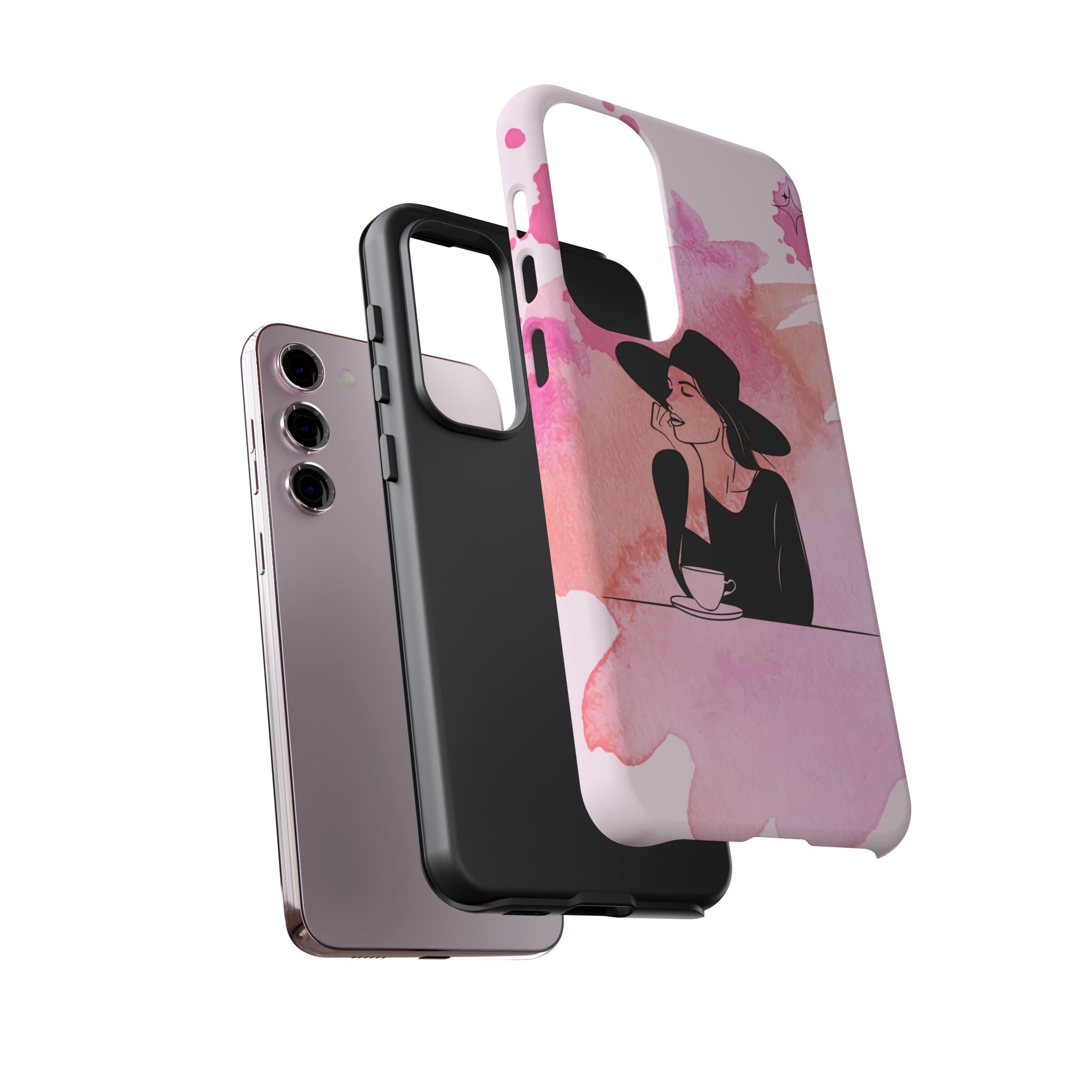 Coque de téléphone — Illustration de femme en aquarelle rose, housse de protection pour amateur de café