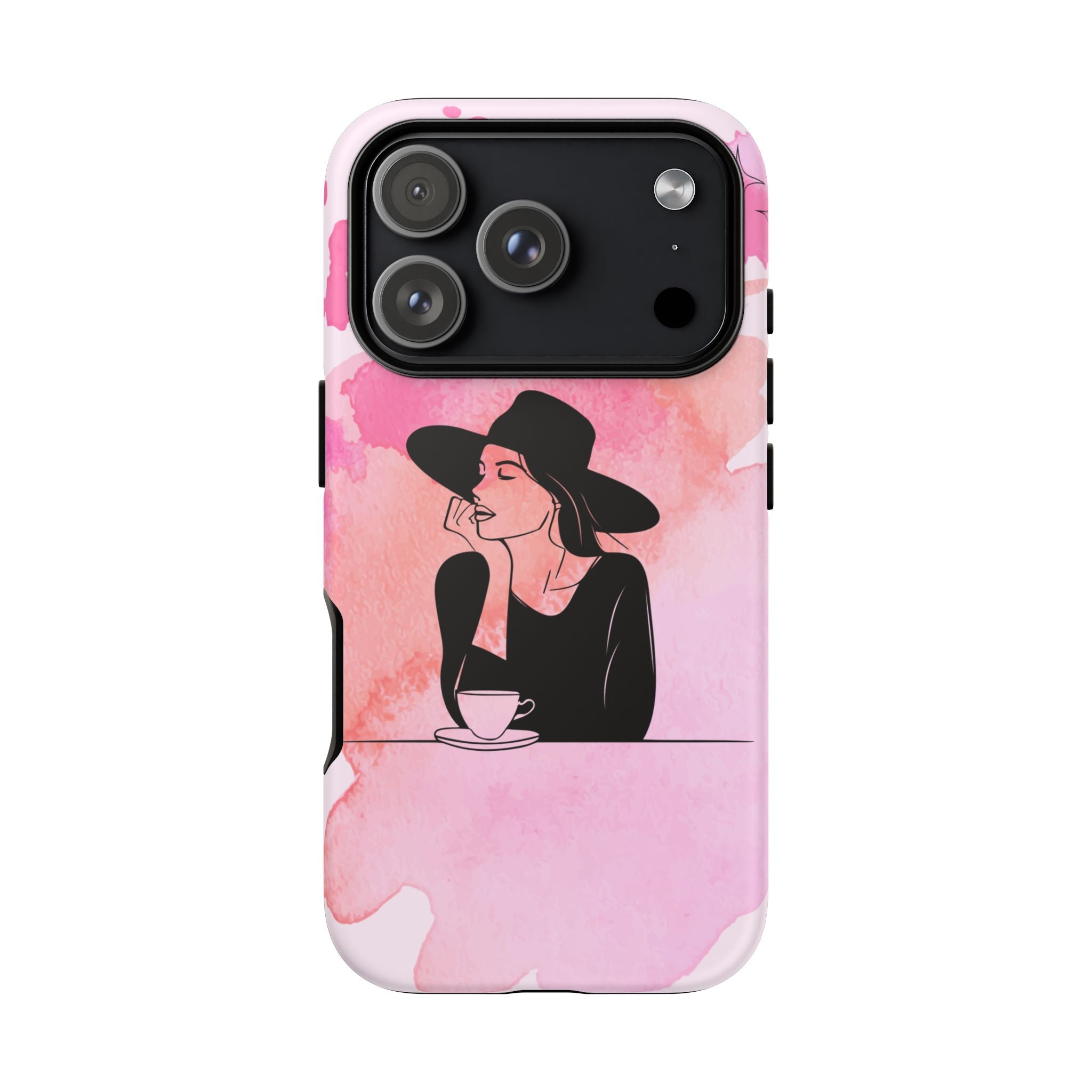 Coque de téléphone — Illustration de femme en aquarelle rose, housse de protection pour amateur de café
