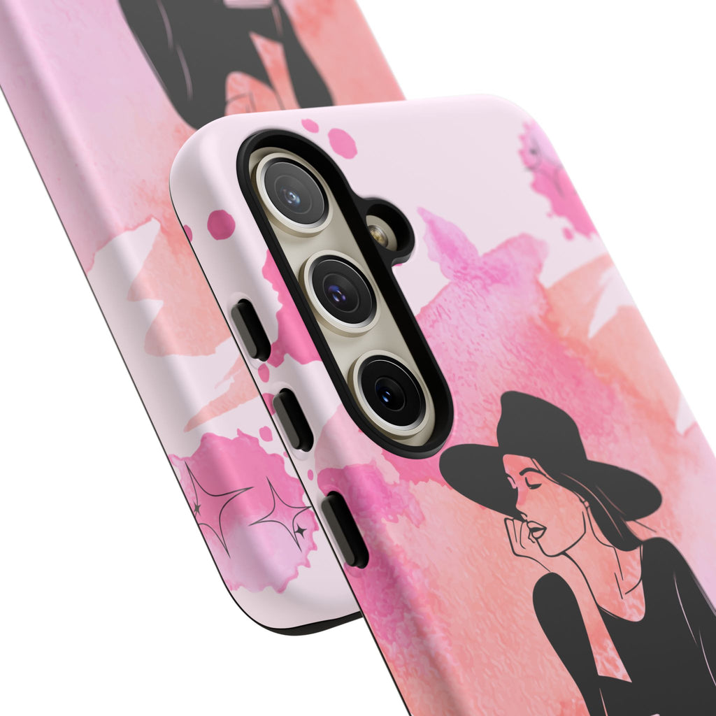 Coque de téléphone — Illustration de femme en aquarelle rose, housse de protection pour amateur de café