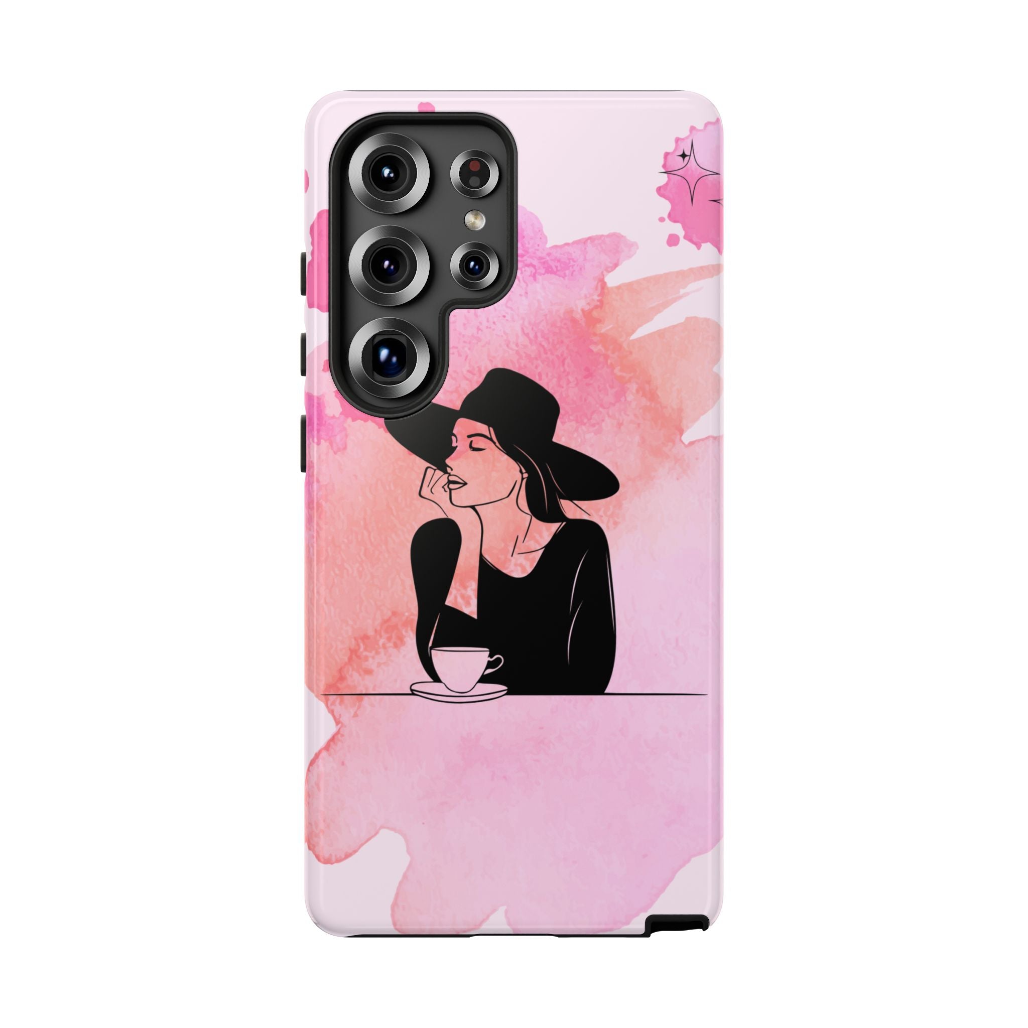 Coque de téléphone — Illustration de femme en aquarelle rose, housse de protection pour amateur de café