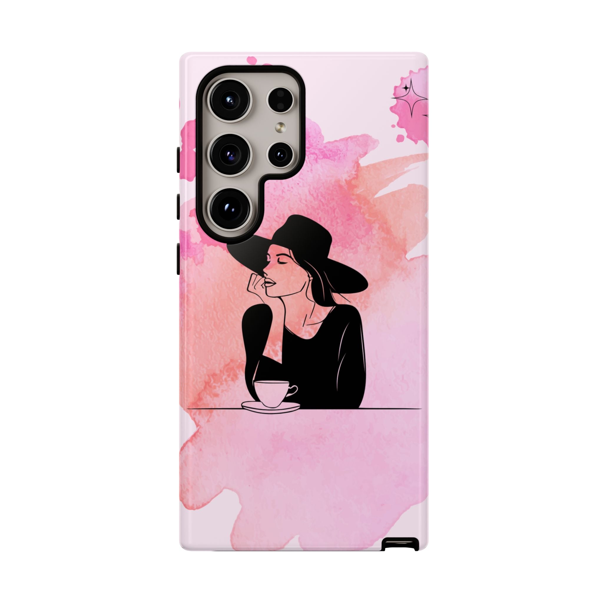 Coque de téléphone — Illustration de femme en aquarelle rose, housse de protection pour amateur de café