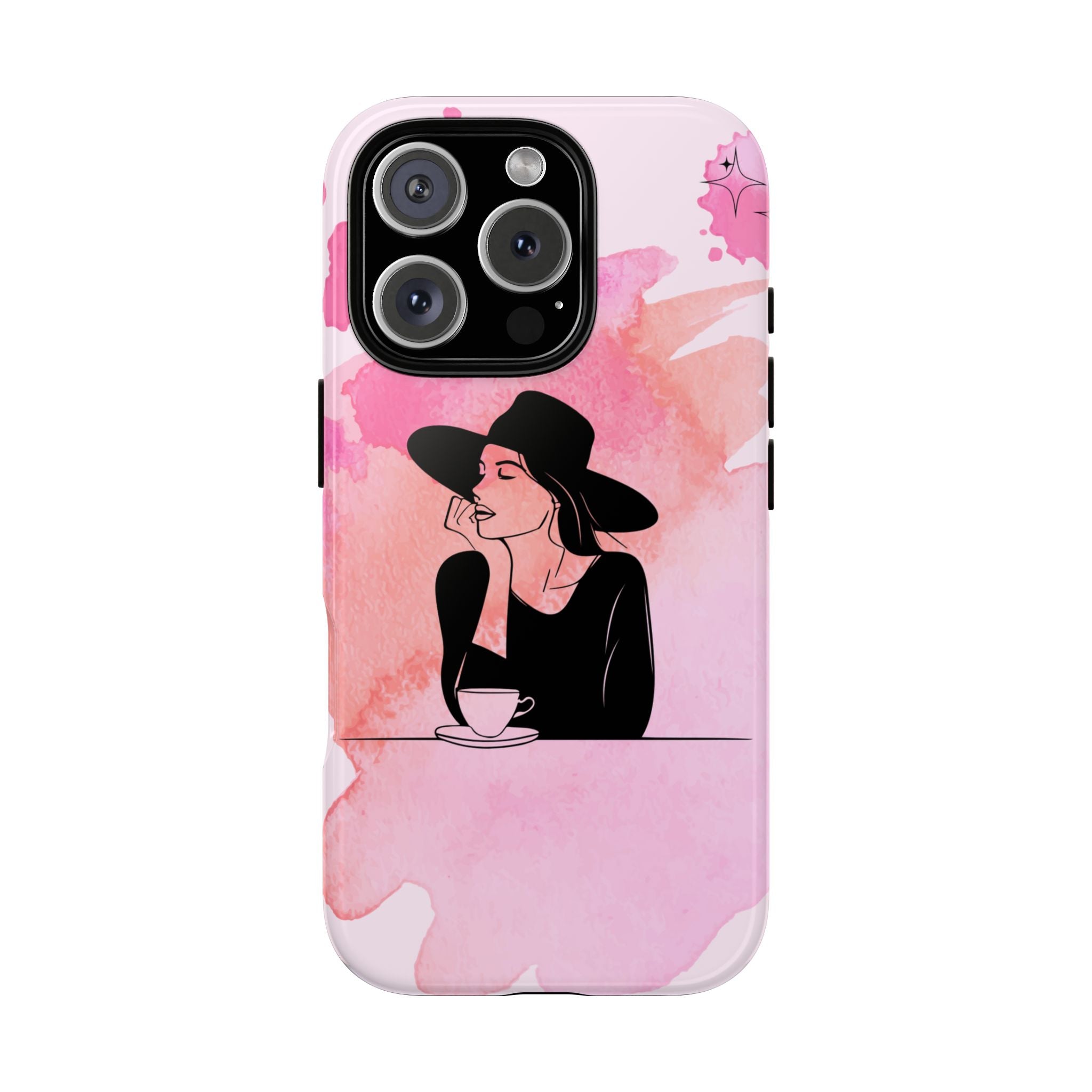 Coque de téléphone — Illustration de femme en aquarelle rose, housse de protection pour amateur de café