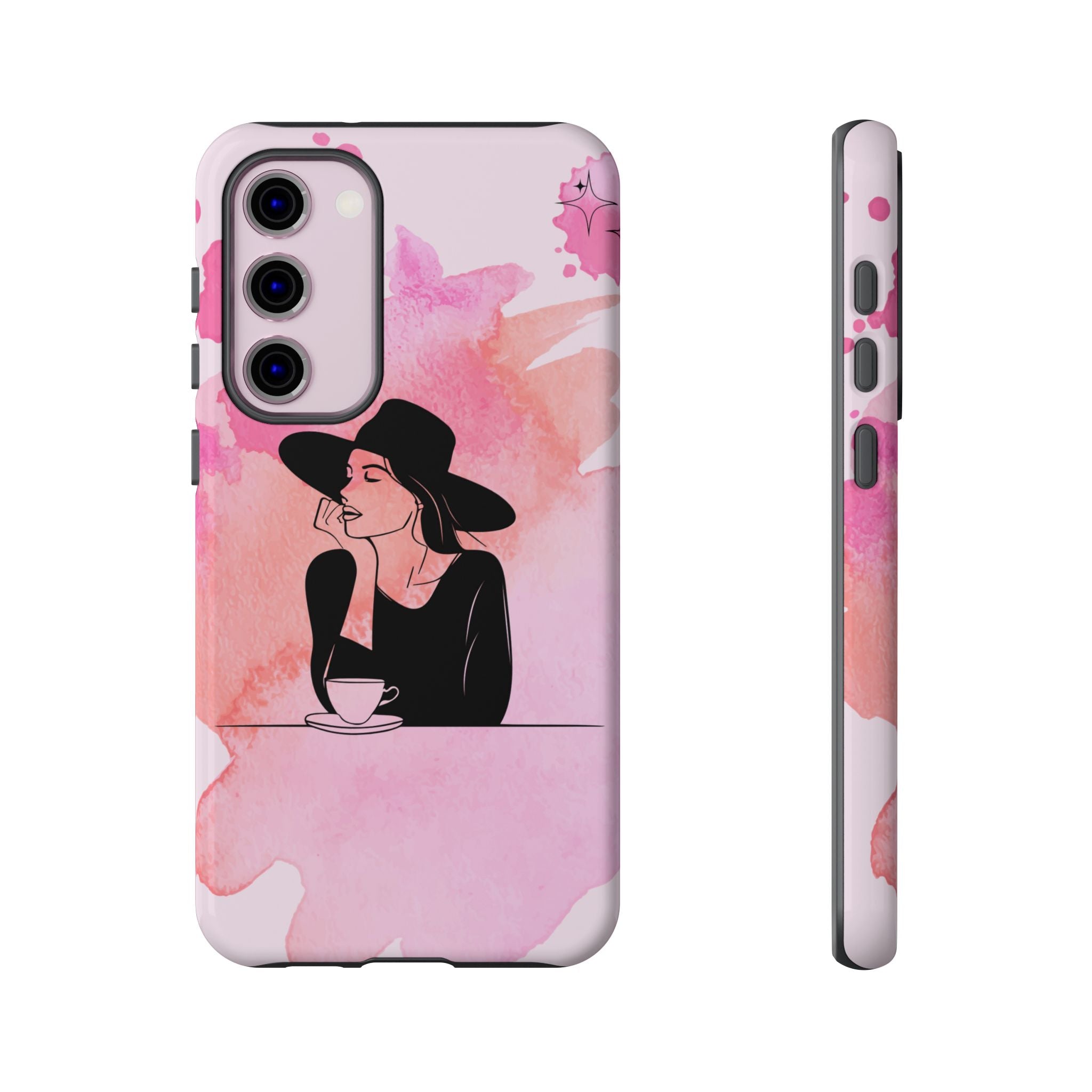 Coque de téléphone — Illustration de femme en aquarelle rose, housse de protection pour amateur de café
