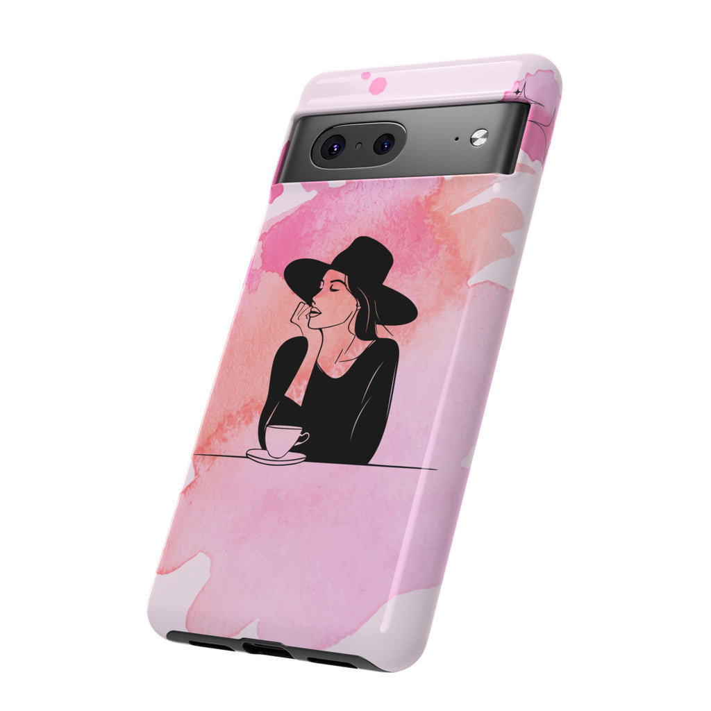 Coque de téléphone — Illustration de femme en aquarelle rose, housse de protection pour amateur de café