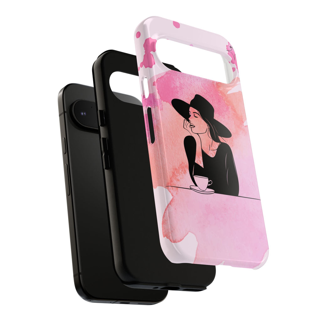 Coque de téléphone — Illustration de femme en aquarelle rose, housse de protection pour amateur de café