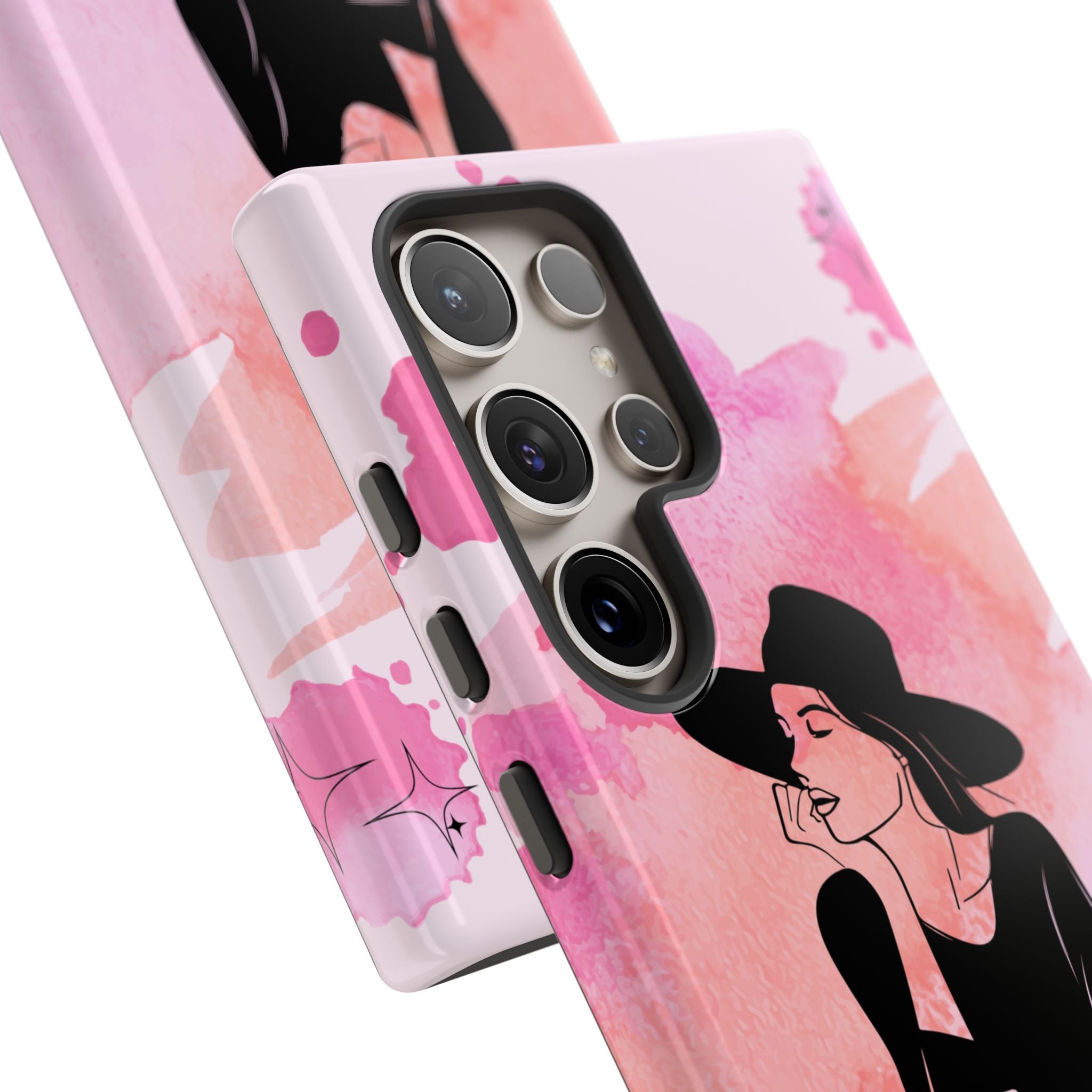 Coque de téléphone — Illustration de femme en aquarelle rose, housse de protection pour amateur de café