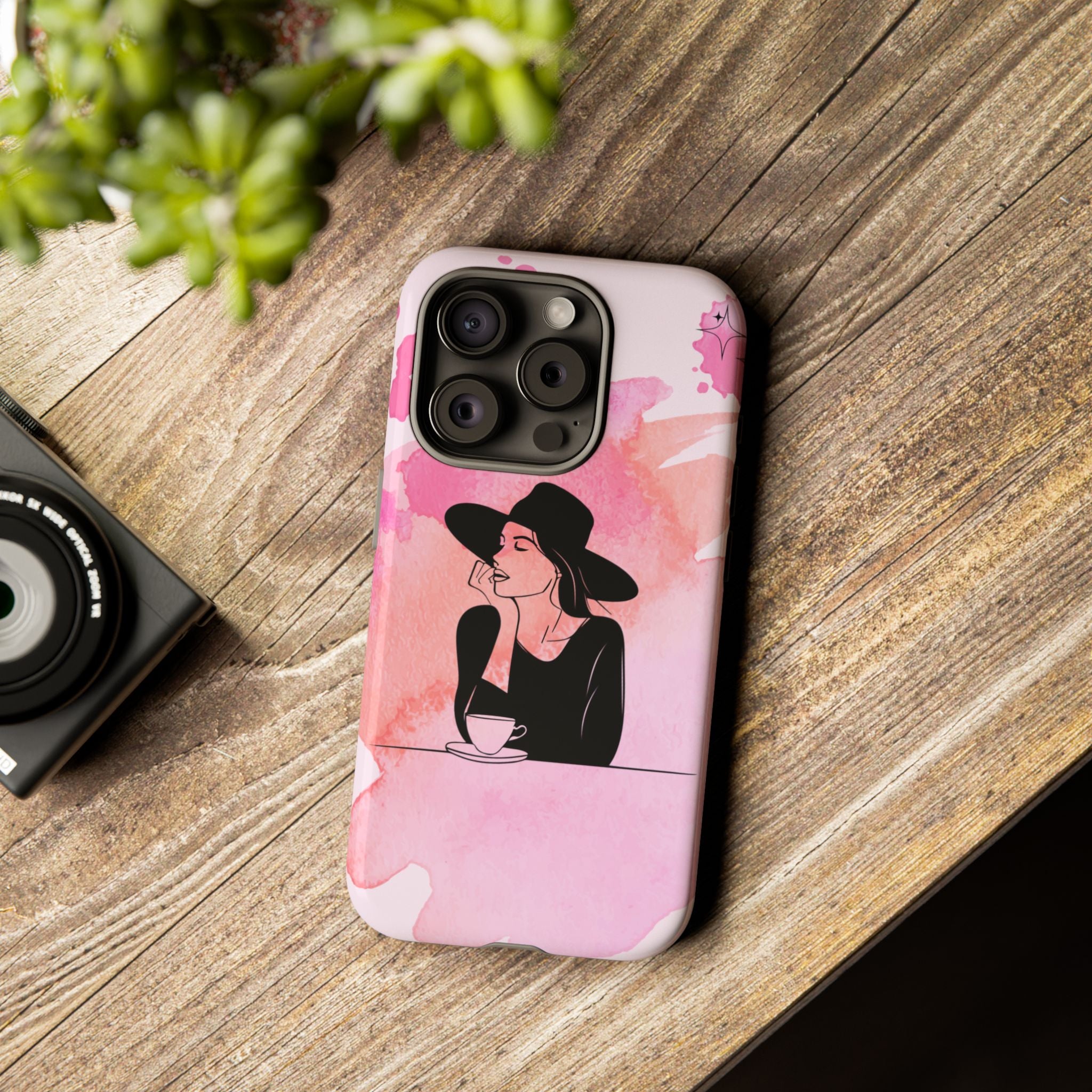 Coque de téléphone — Illustration de femme en aquarelle rose, housse de protection pour amateur de café
