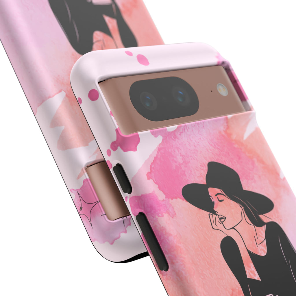 Coque de téléphone — Illustration de femme en aquarelle rose, housse de protection pour amateur de café