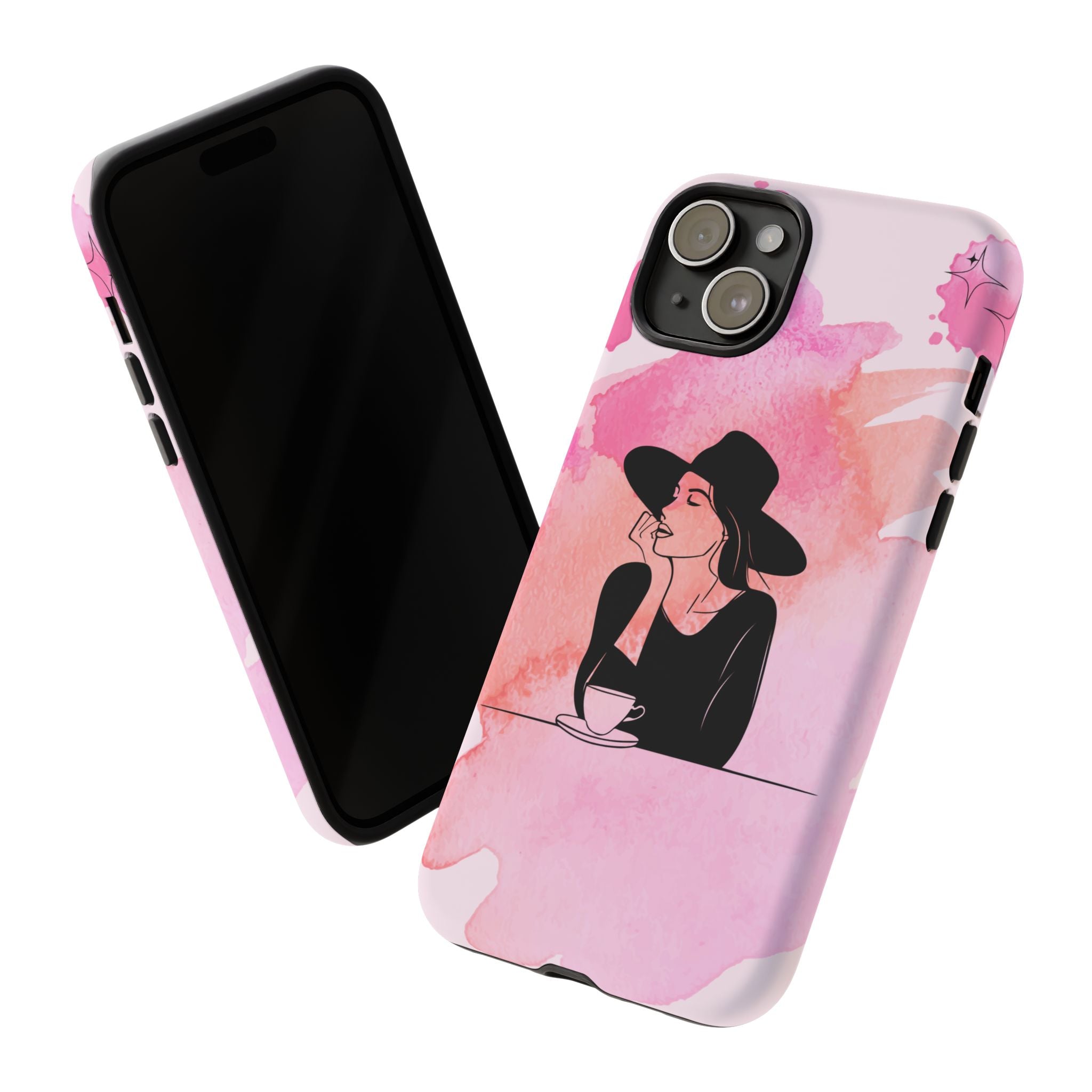 Coque de téléphone — Illustration de femme en aquarelle rose, housse de protection pour amateur de café