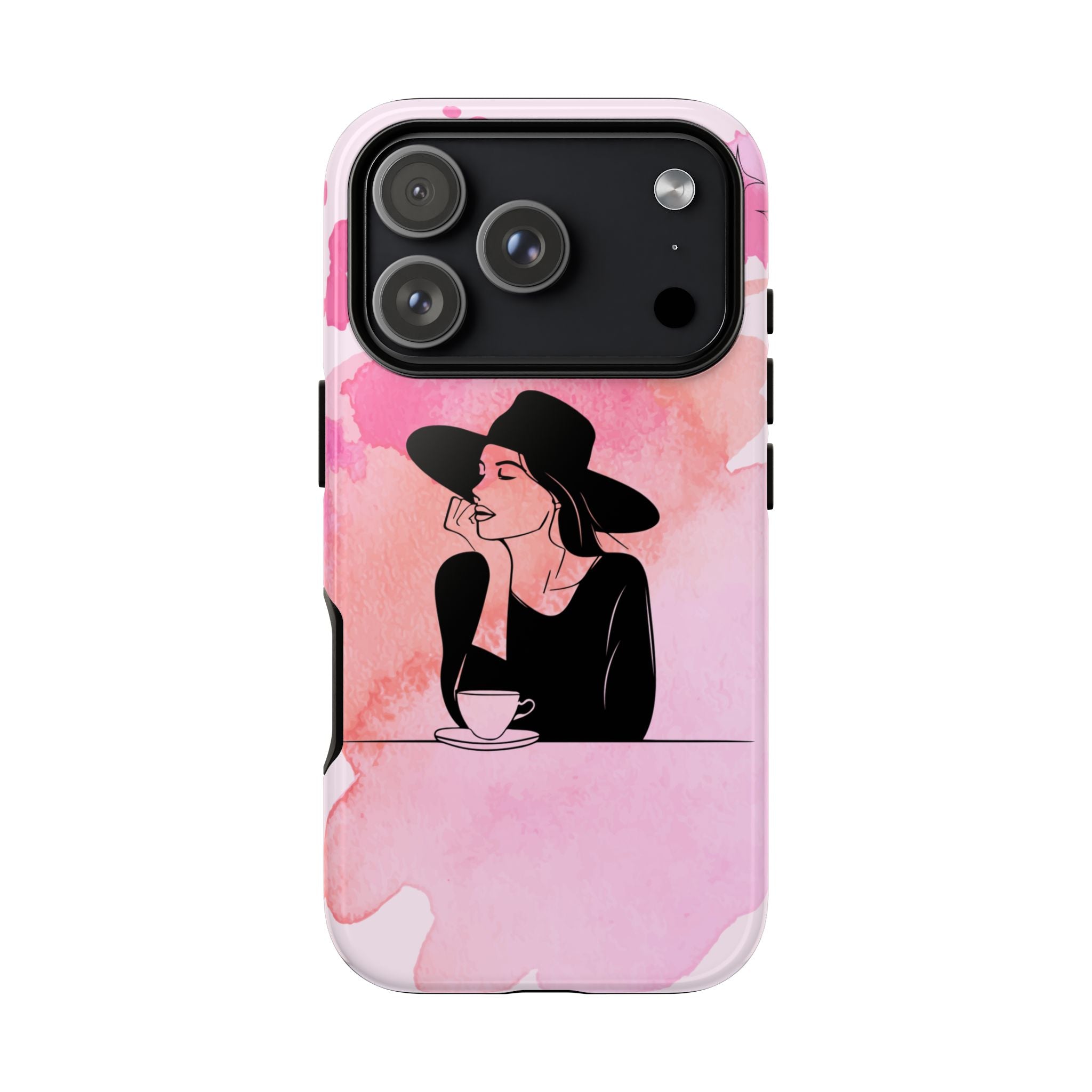 Coque de téléphone — Illustration de femme en aquarelle rose, housse de protection pour amateur de café