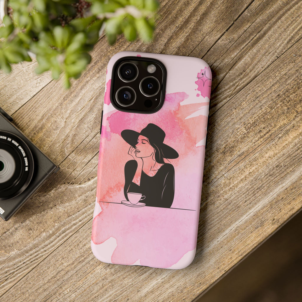 Coque de téléphone — Illustration de femme en aquarelle rose, housse de protection pour amateur de café