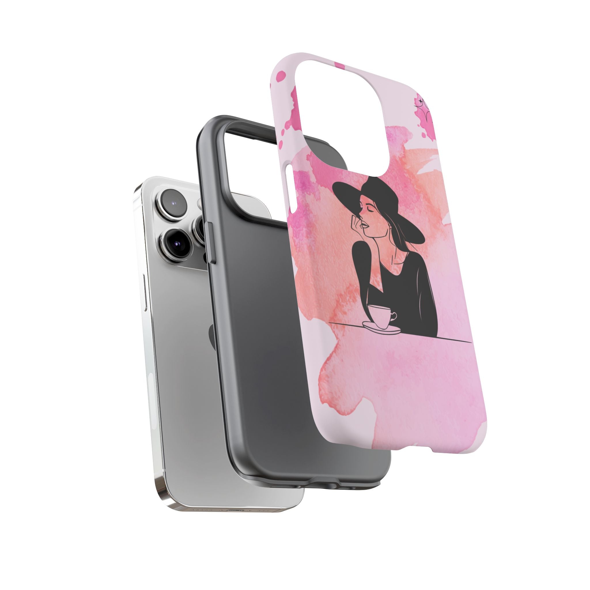 Coque de téléphone — Illustration de femme en aquarelle rose, housse de protection pour amateur de café