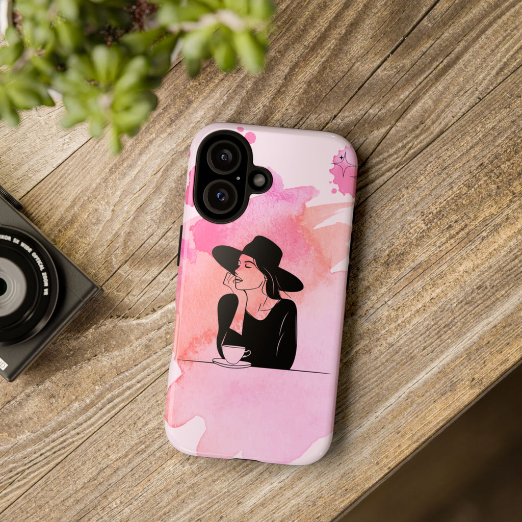 Coque de téléphone — Illustration de femme en aquarelle rose, housse de protection pour amateur de café