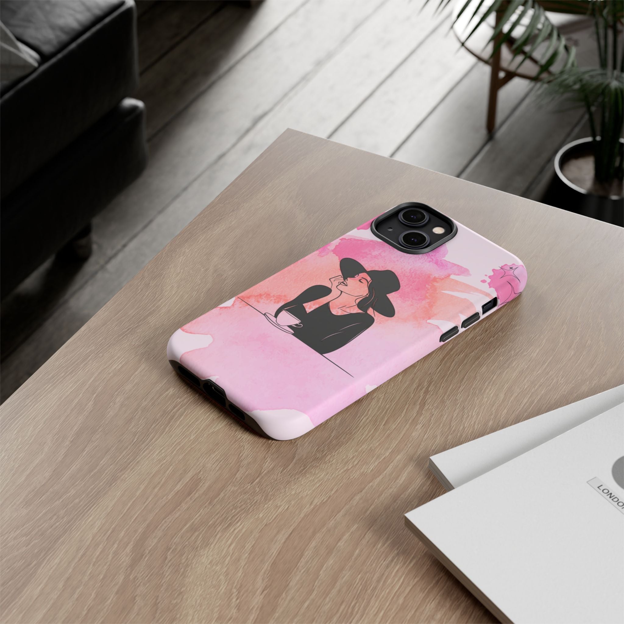Coque de téléphone — Illustration de femme en aquarelle rose, housse de protection pour amateur de café