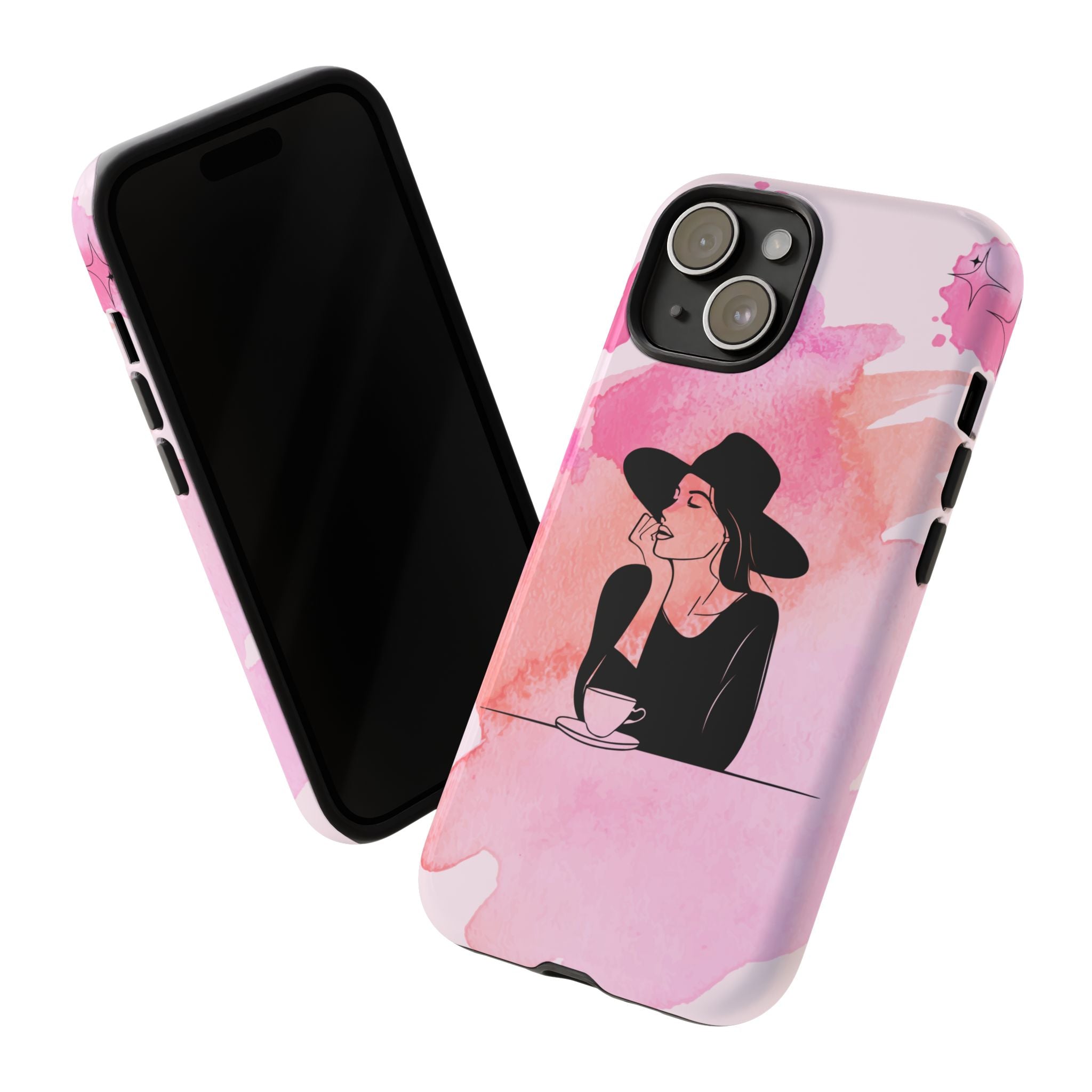 Coque de téléphone — Illustration de femme en aquarelle rose, housse de protection pour amateur de café