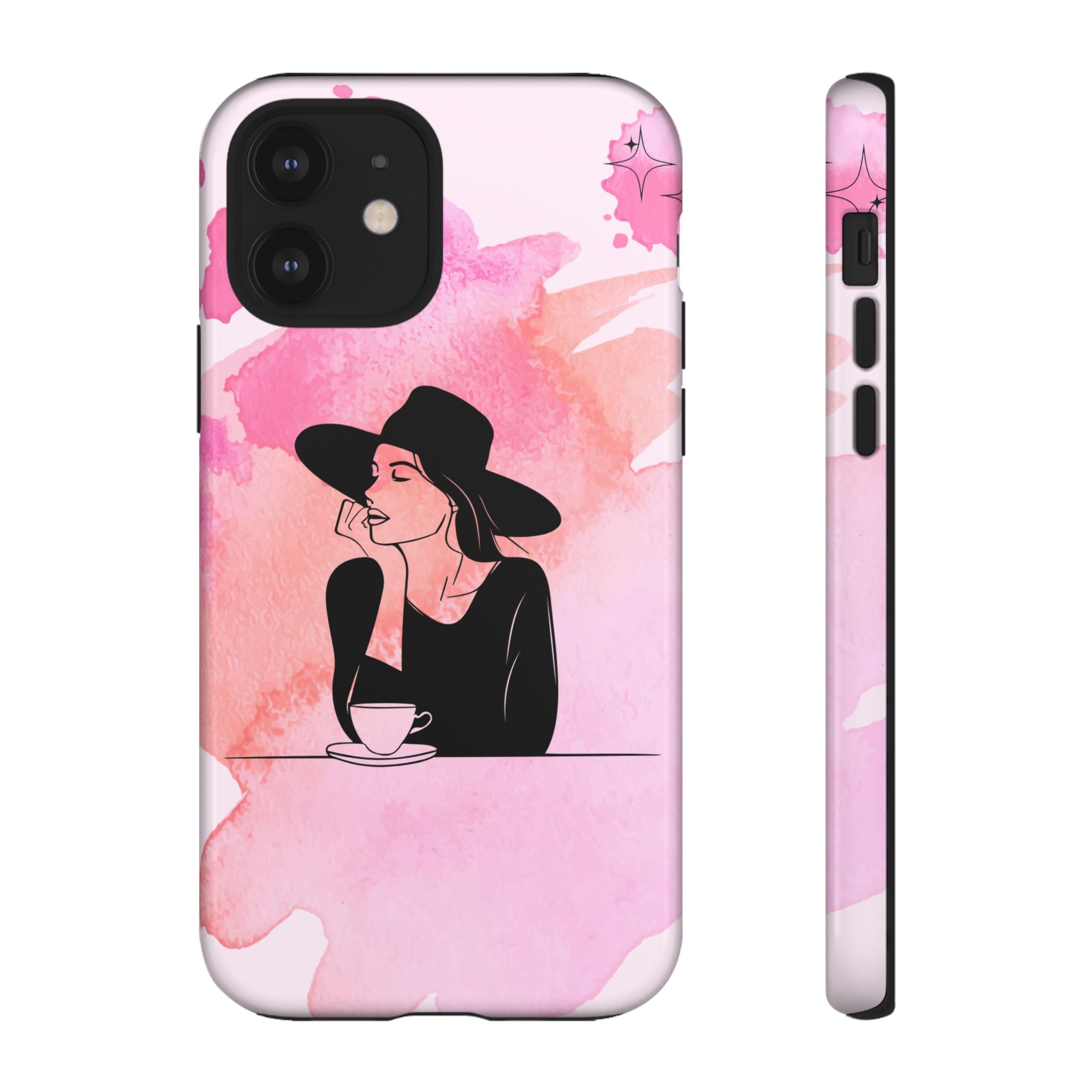 Coque de téléphone — Illustration de femme en aquarelle rose, housse de protection pour amateur de café