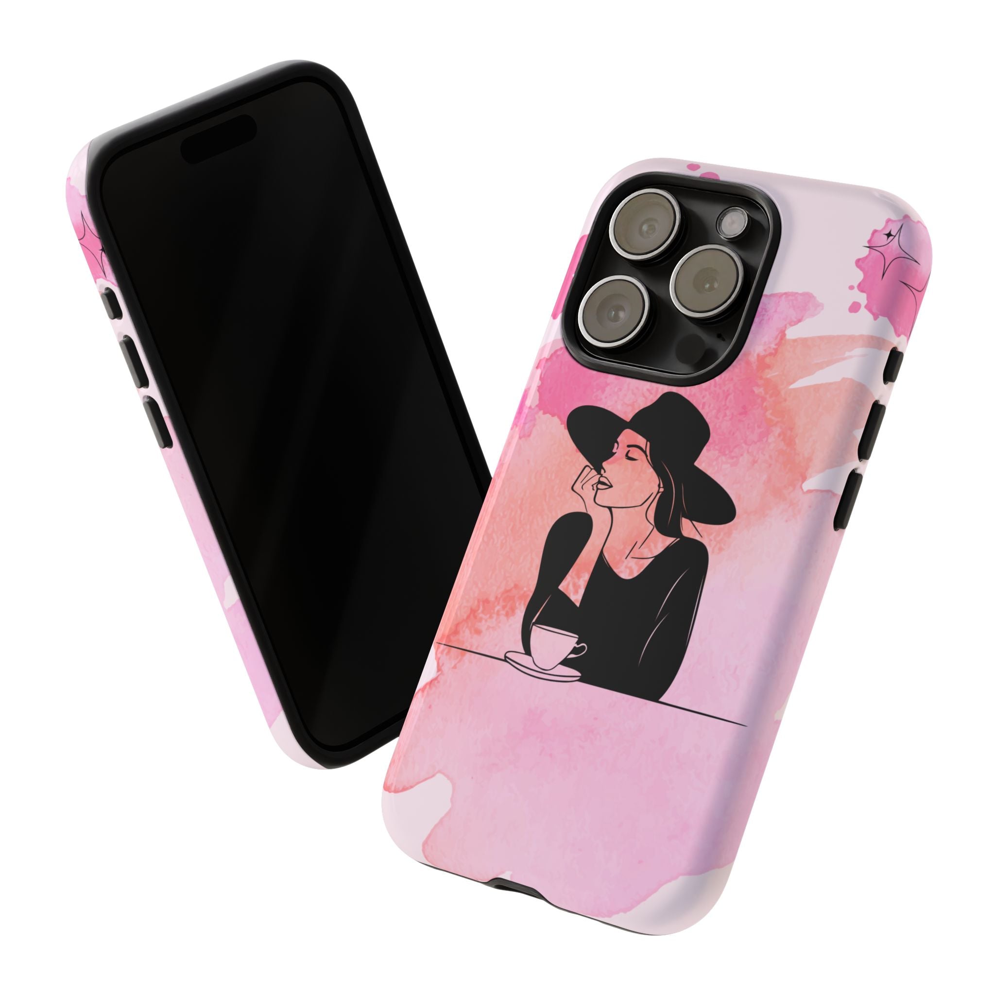 Coque de téléphone — Illustration de femme en aquarelle rose, housse de protection pour amateur de café