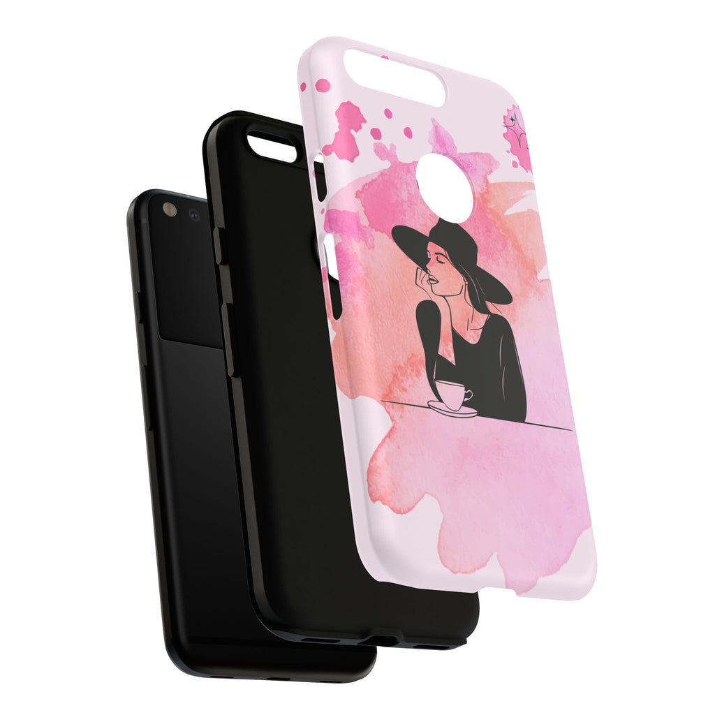 Coque de téléphone — Illustration de femme en aquarelle rose, housse de protection pour amateur de café