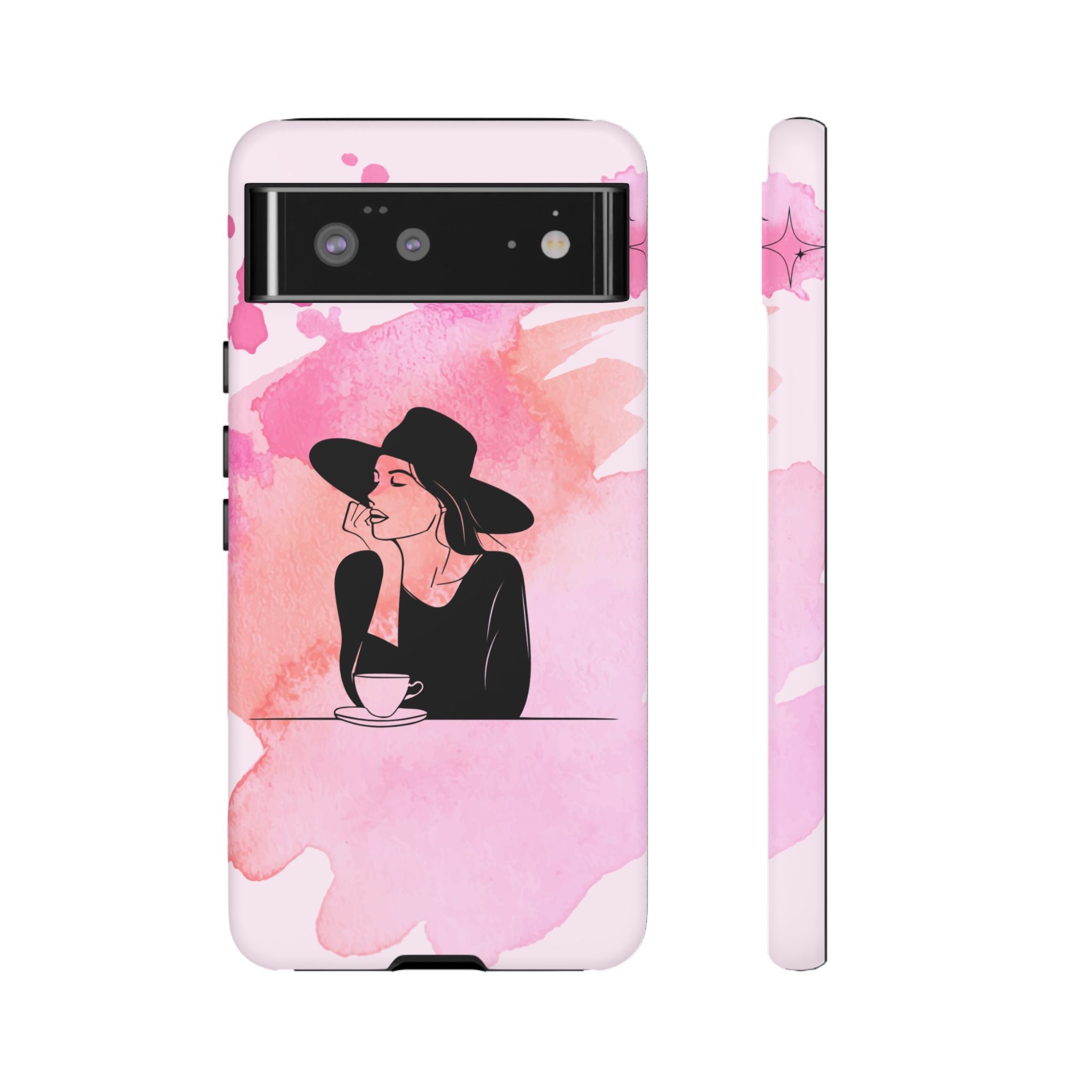 Coque de téléphone — Illustration de femme en aquarelle rose, housse de protection pour amateur de café