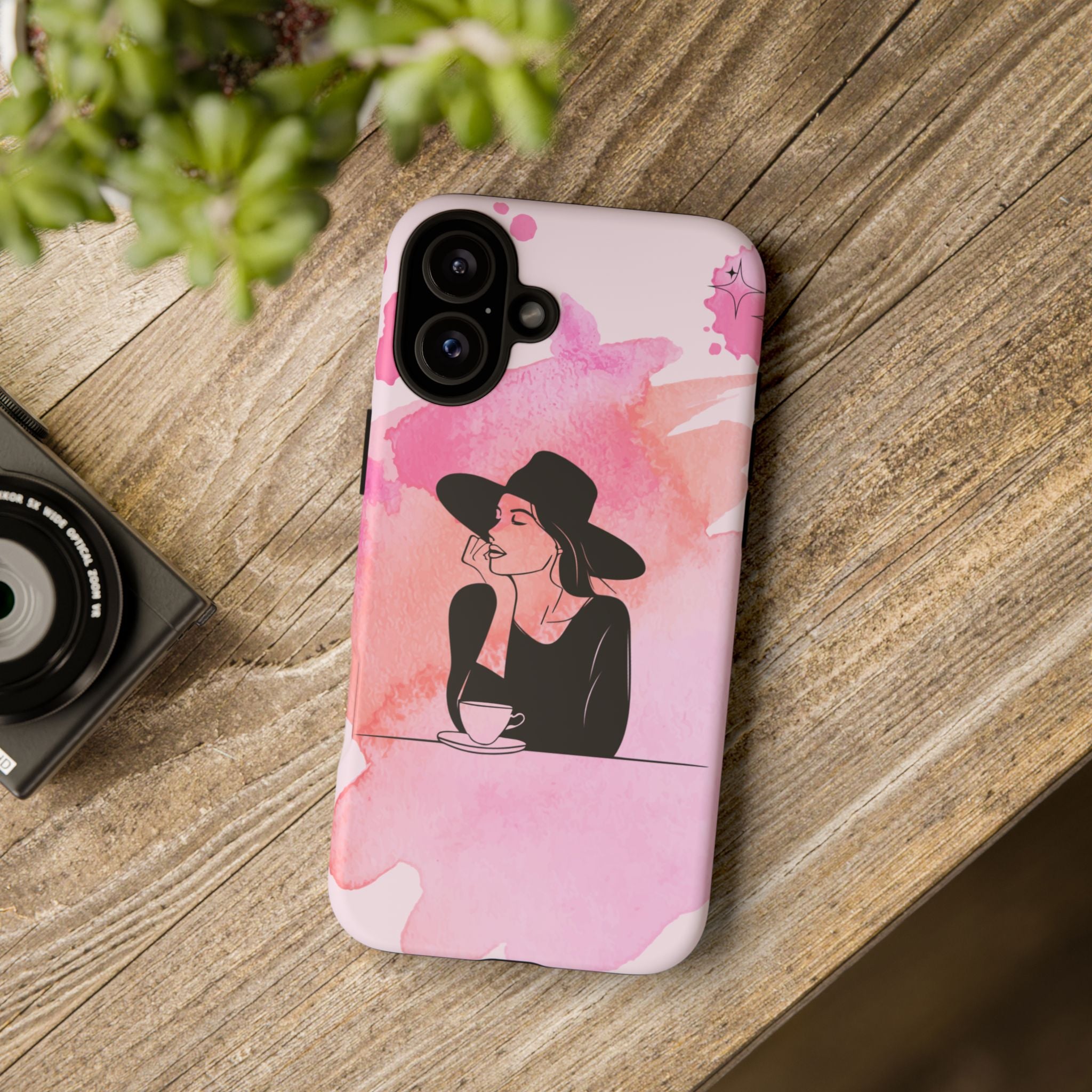Coque de téléphone — Illustration de femme en aquarelle rose, housse de protection pour amateur de café