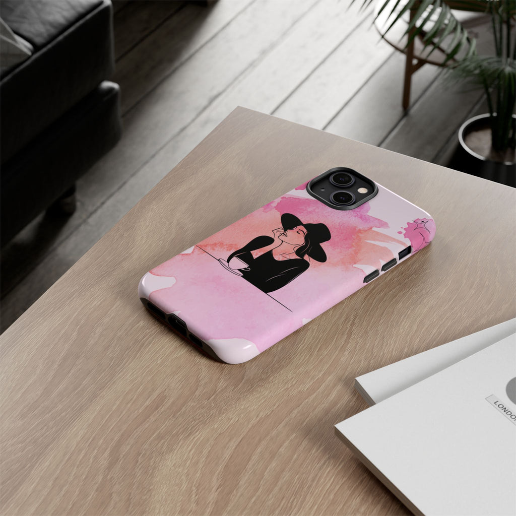 Coque de téléphone — Illustration de femme en aquarelle rose, housse de protection pour amateur de café