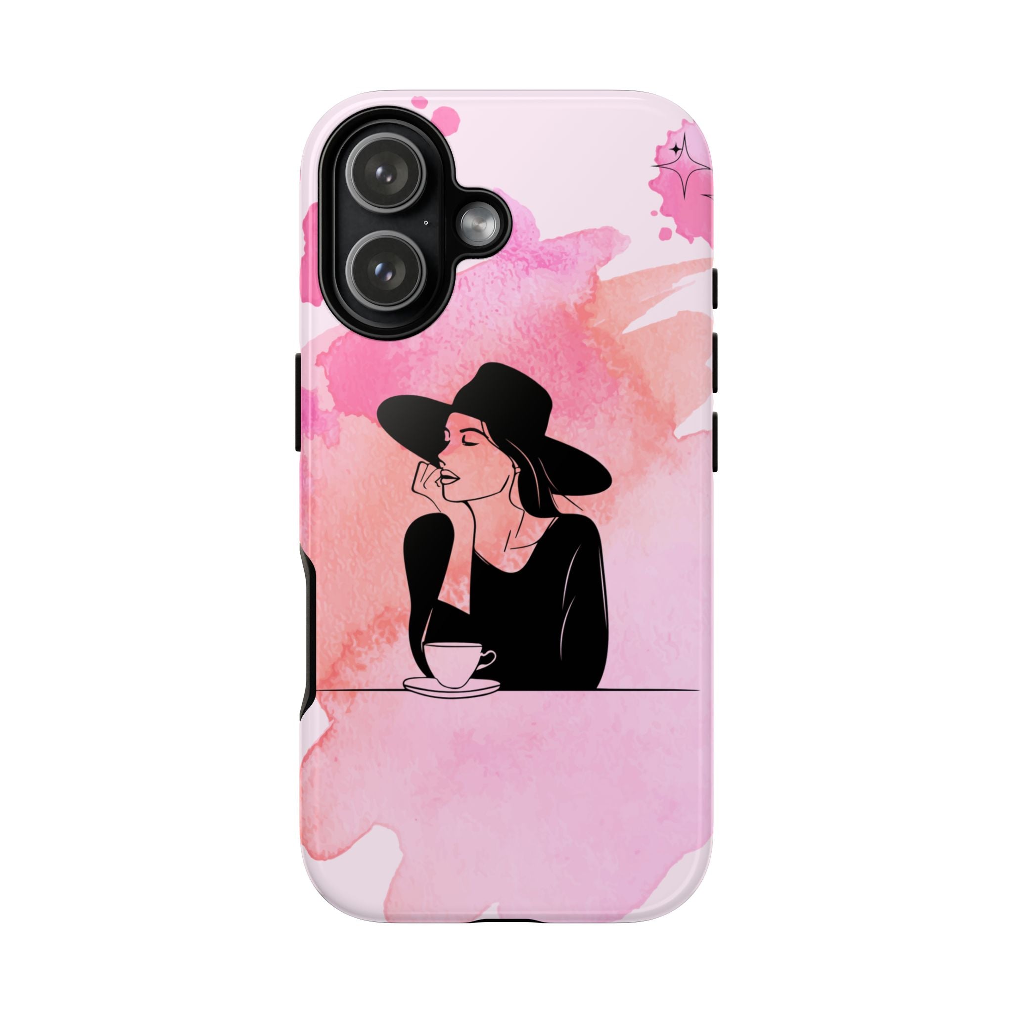 Coque de téléphone — Illustration de femme en aquarelle rose, housse de protection pour amateur de café