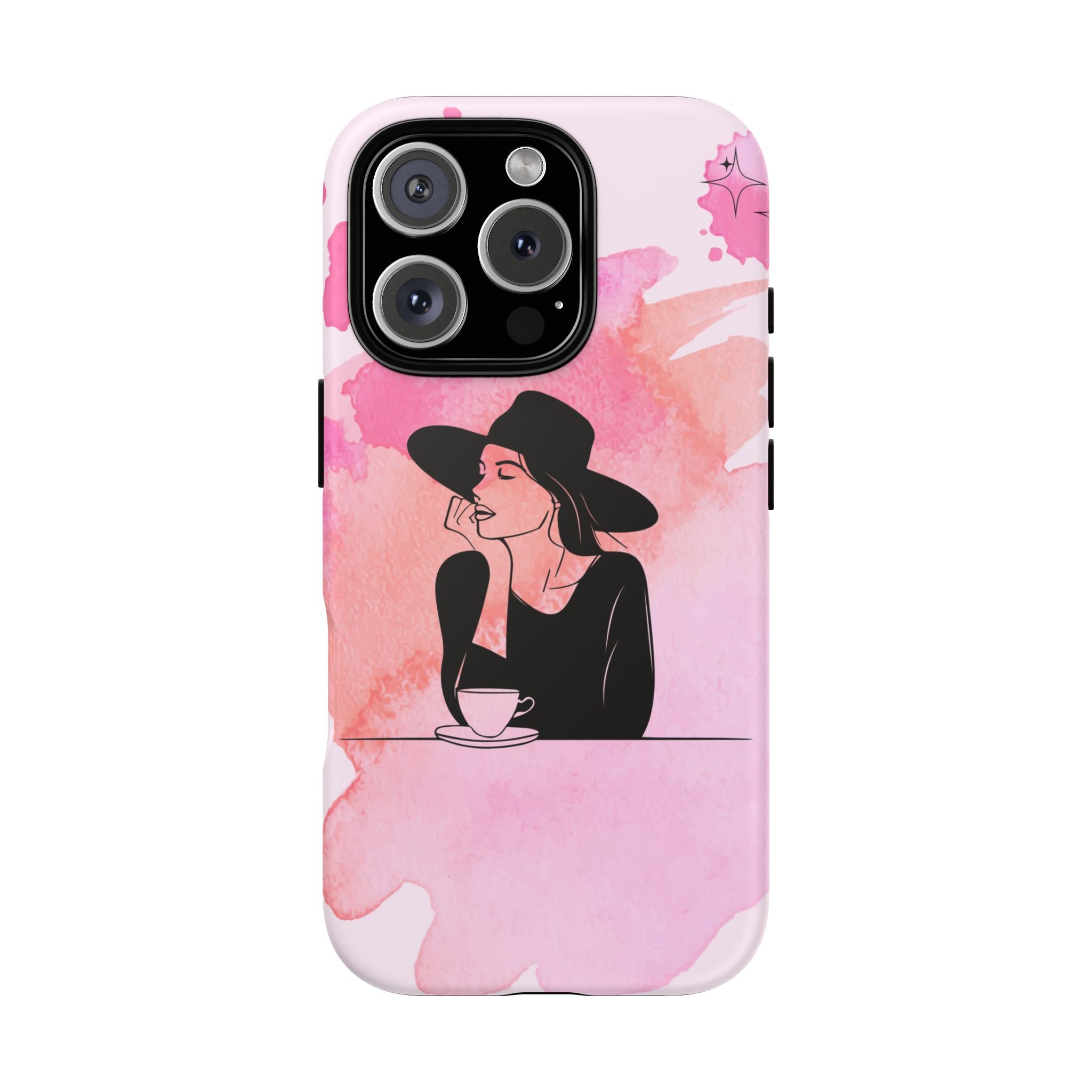 Coque de téléphone — Illustration de femme en aquarelle rose, housse de protection pour amateur de café