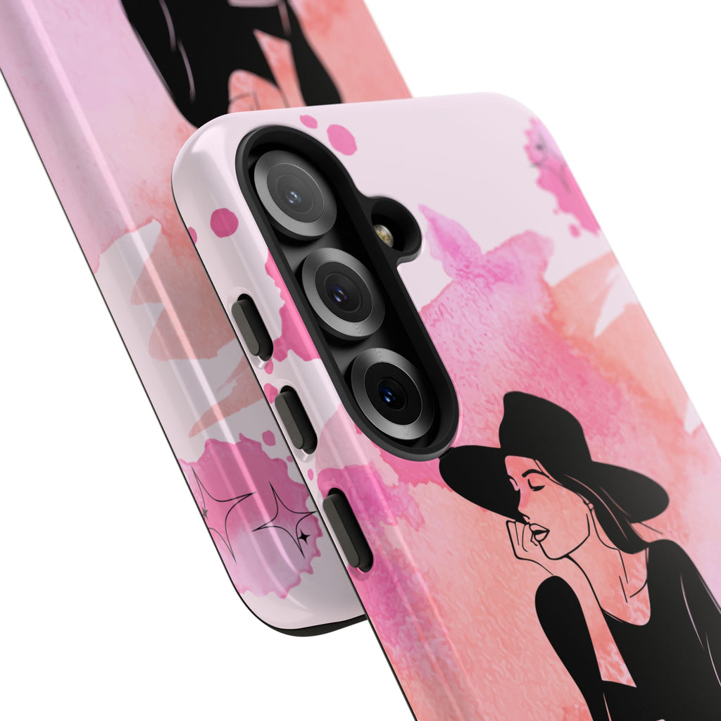 Coque de téléphone — Illustration de femme en aquarelle rose, housse de protection pour amateur de café