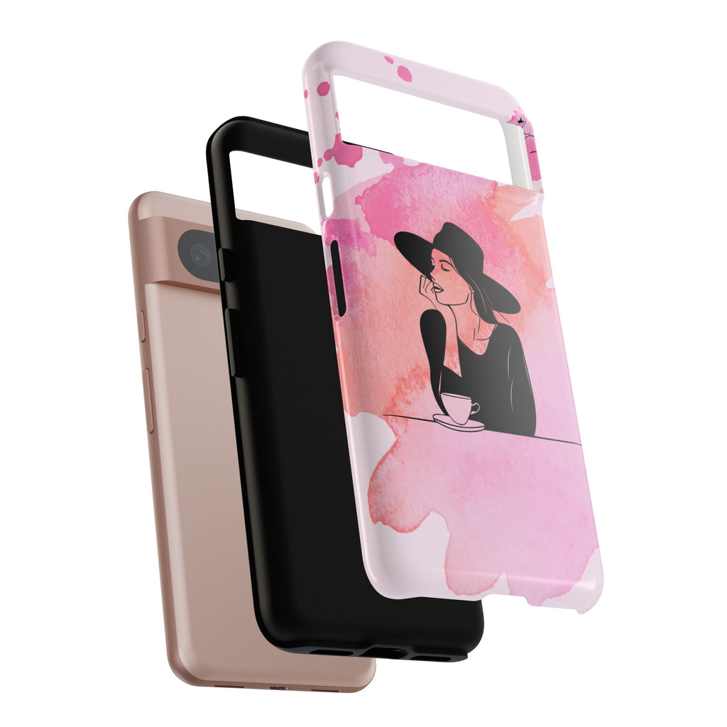 Coque de téléphone — Illustration de femme en aquarelle rose, housse de protection pour amateur de café