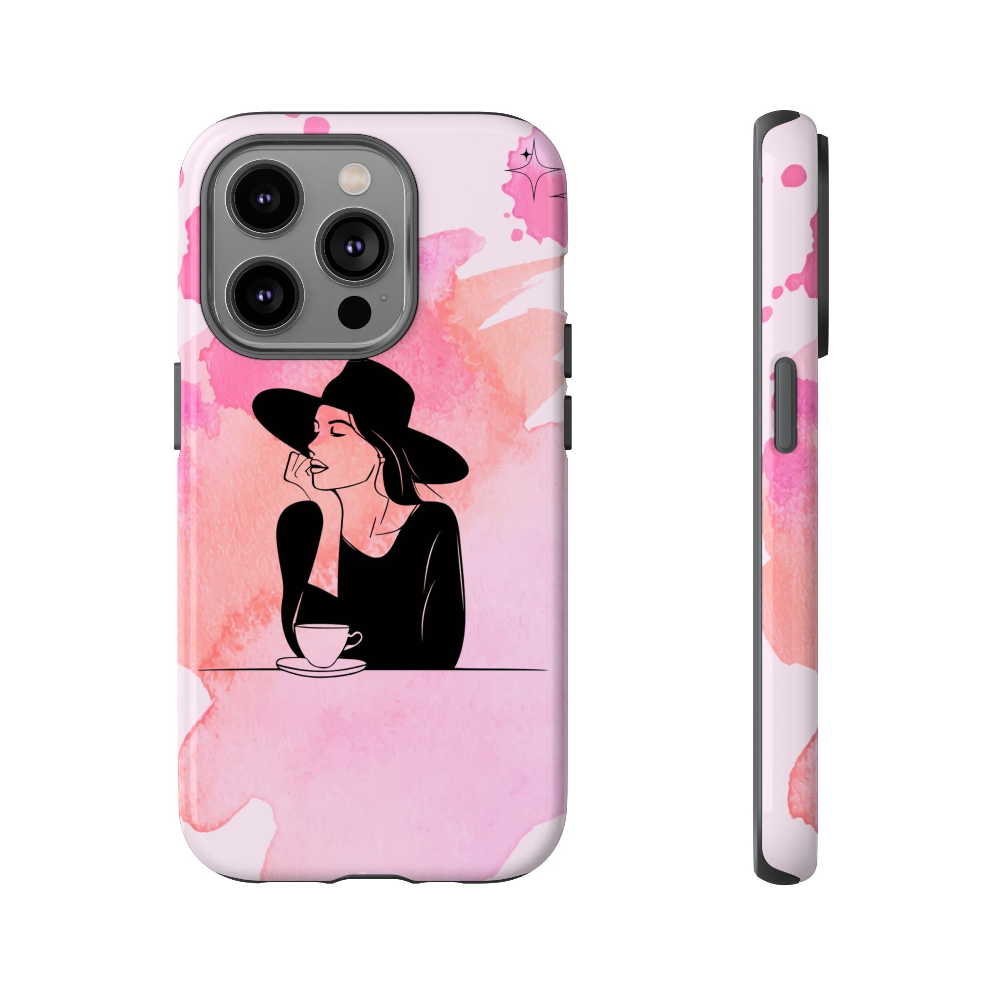 Coque de téléphone — Illustration de femme en aquarelle rose, housse de protection pour amateur de café