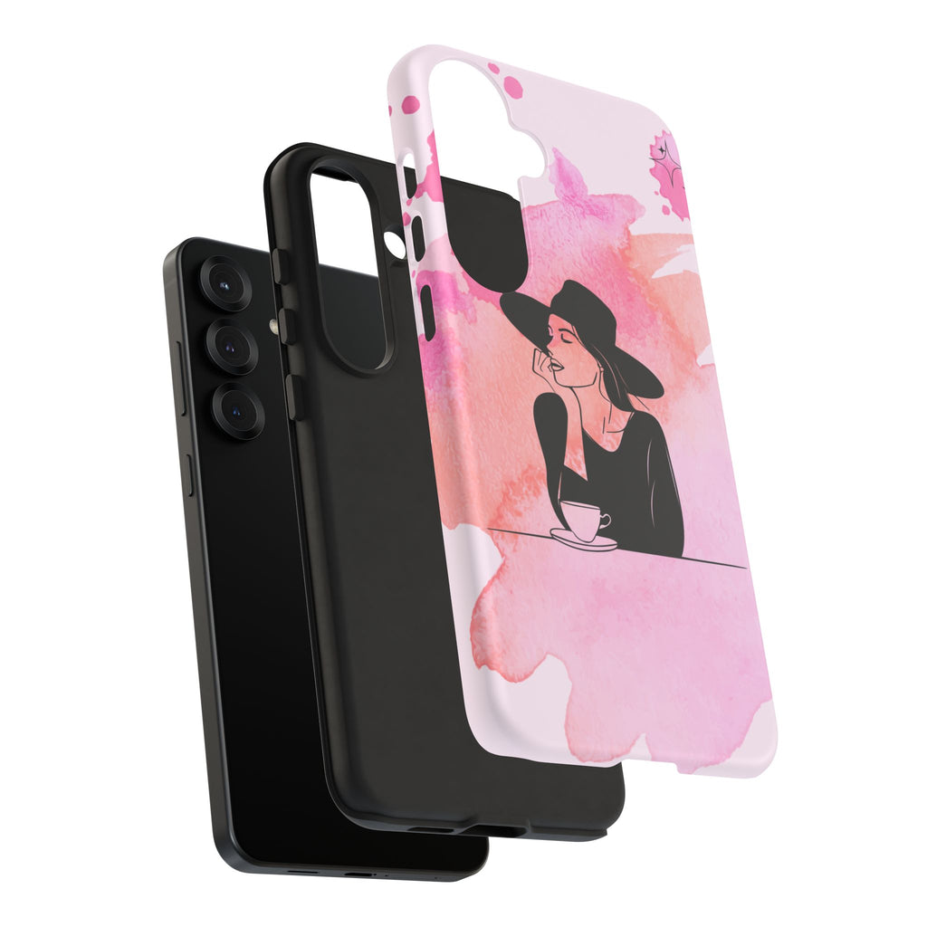 Coque de téléphone — Illustration de femme en aquarelle rose, housse de protection pour amateur de café