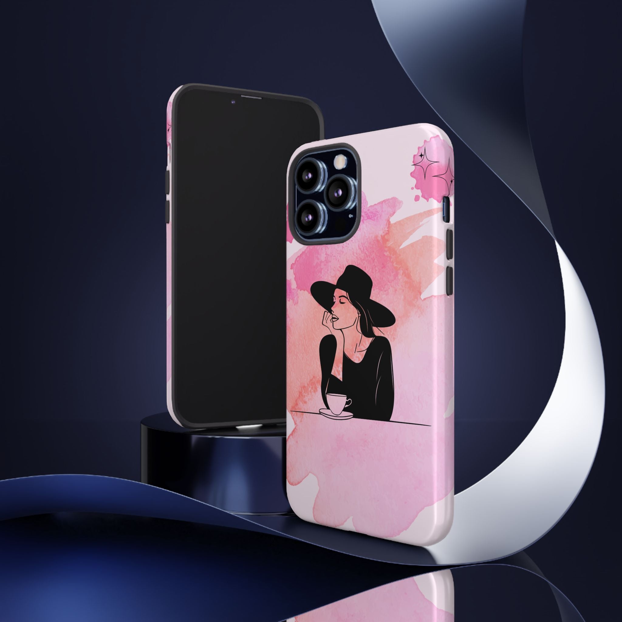 Coque de téléphone — Illustration de femme en aquarelle rose, housse de protection pour amateur de café
